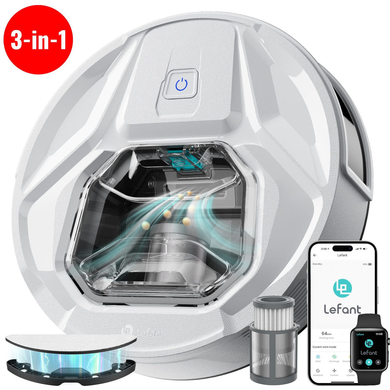 Lefant Вакуумный робот M320 3-in-1 Вакуумный робот mit Wischfunktion,6000Pa/210Min, für Tierhaare, Beutellos, mit Wischfunktion, Bürstenloser Sauganschluss, Sprachsteuerung