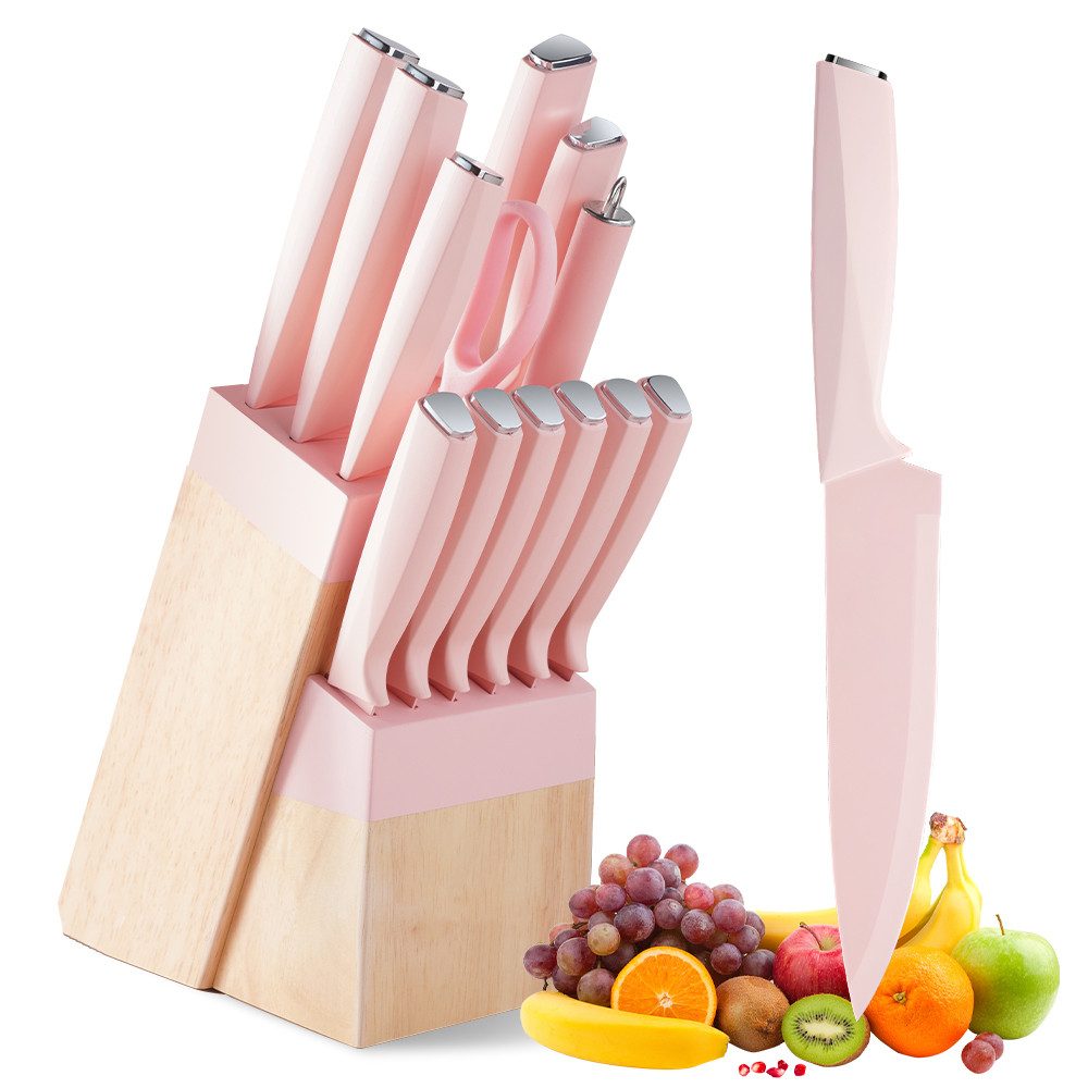 MDHAND Messer-Set 14-teiliges Küchenmesserset, 15° scharfe Klingen, ergonomischer Griff (14-tlg), inklusive Messerblock mit integriertem Schärfeinsatz