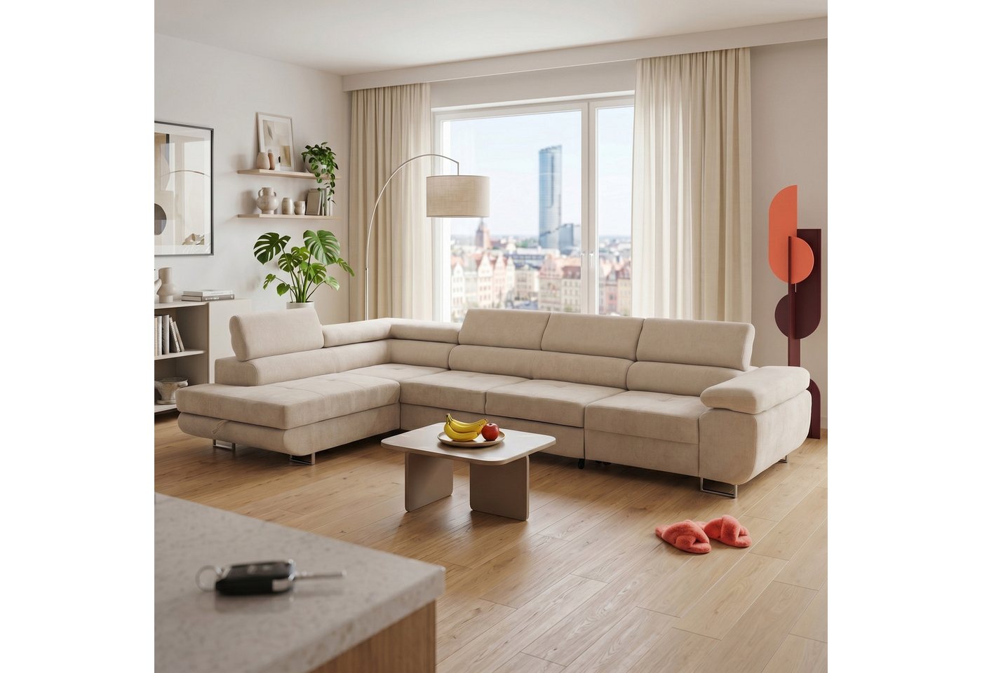 Muffo Ecksofa Wild Maxi mit Schlaffunktion inkl. Montage, L-form Couch mit Bettkasten XL, 6-fach verstellbare Kopfstützen
