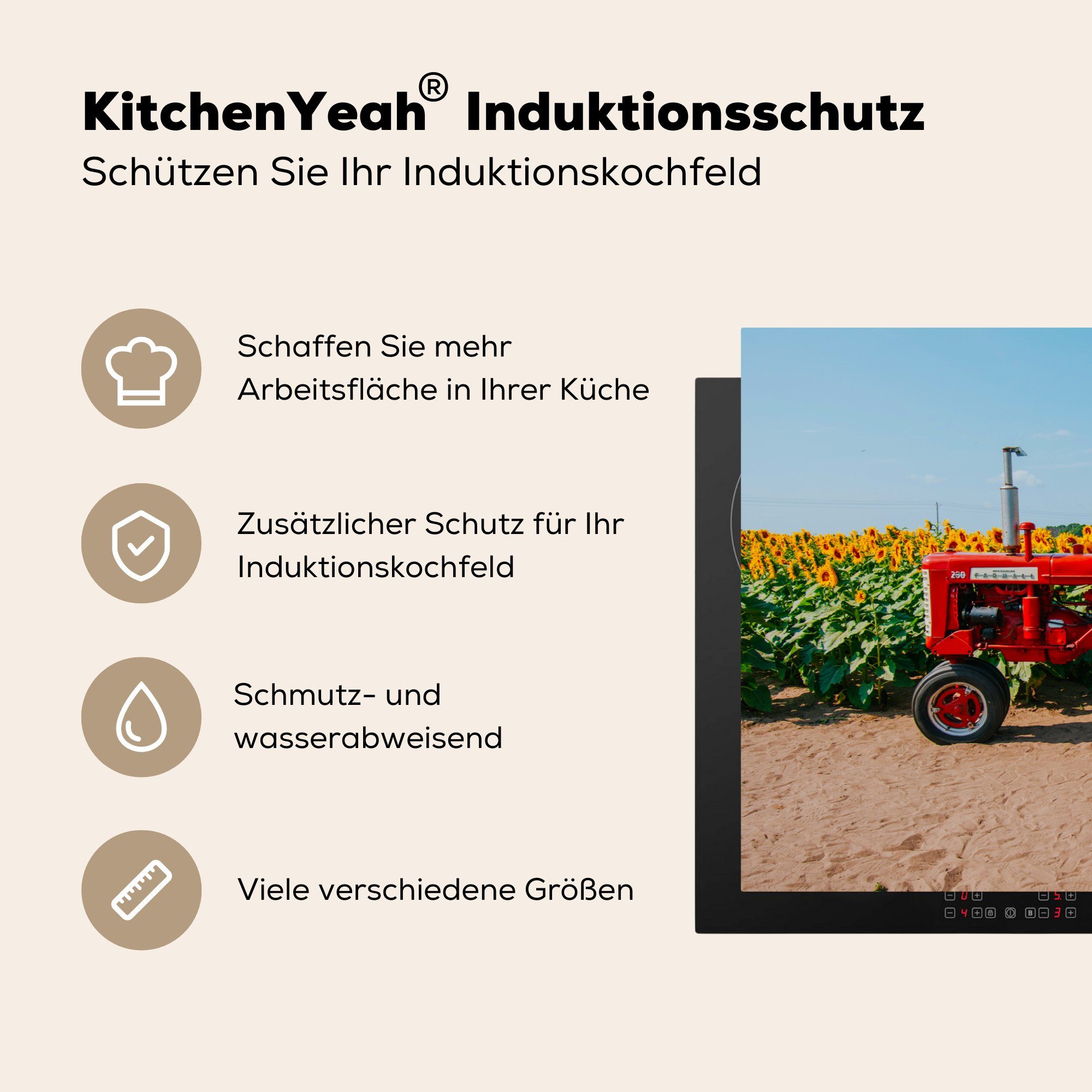 81x52 - Bauernhof cm, Herdblende-/Abdeckplatte Ceranfeldabdeckung Vinyl, Rot die Induktionskochfeld küche, (1 - für - Schutz Sonnenblume - tlg), MuchoWow Traktor Blumen,
