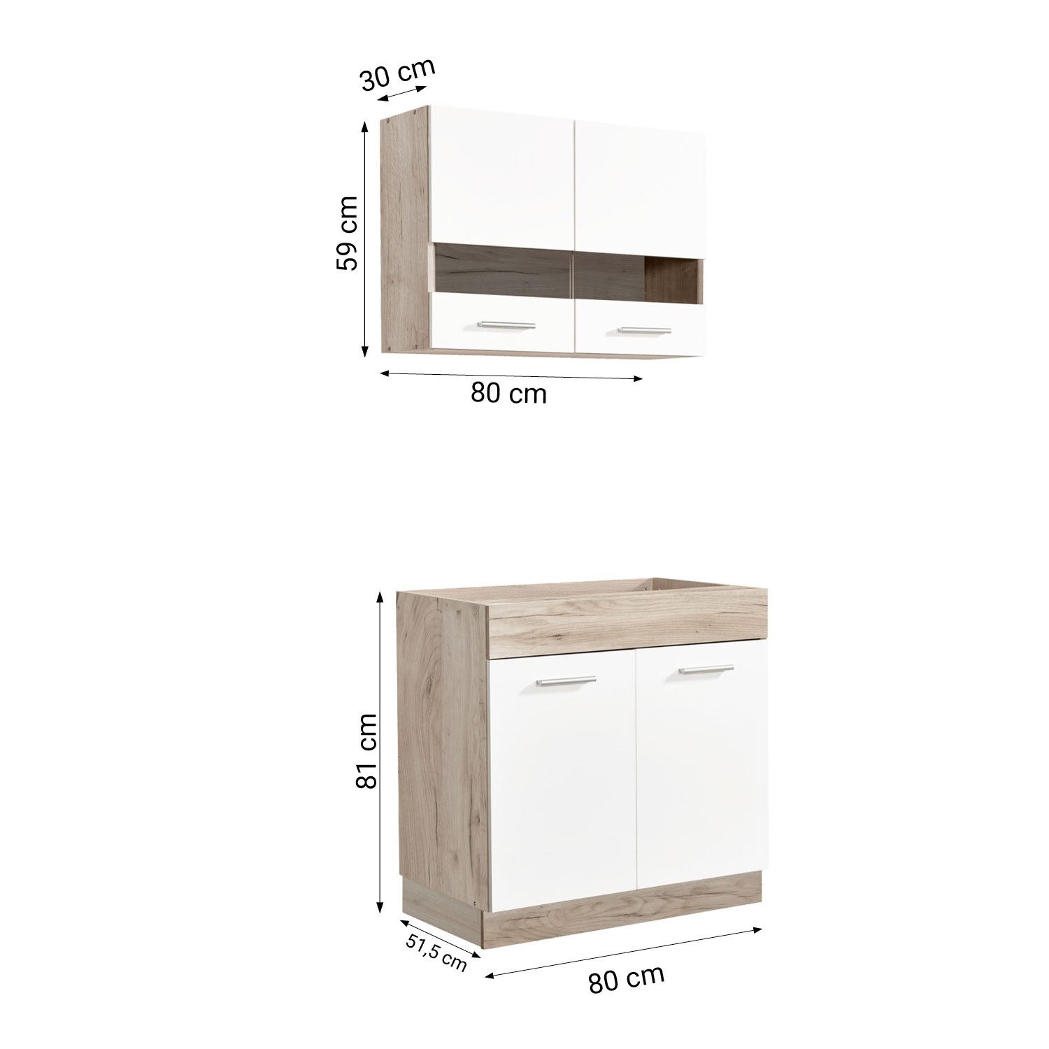 Meuble de cuisine Homestyle4u 80 cm sans électroménager, petite cuisine simple, placards en chêne mat et verre (éléments hauts, éléments bas, cuisine équipée), bloc cuisine, marron et blanc/crème, cuisine équipée