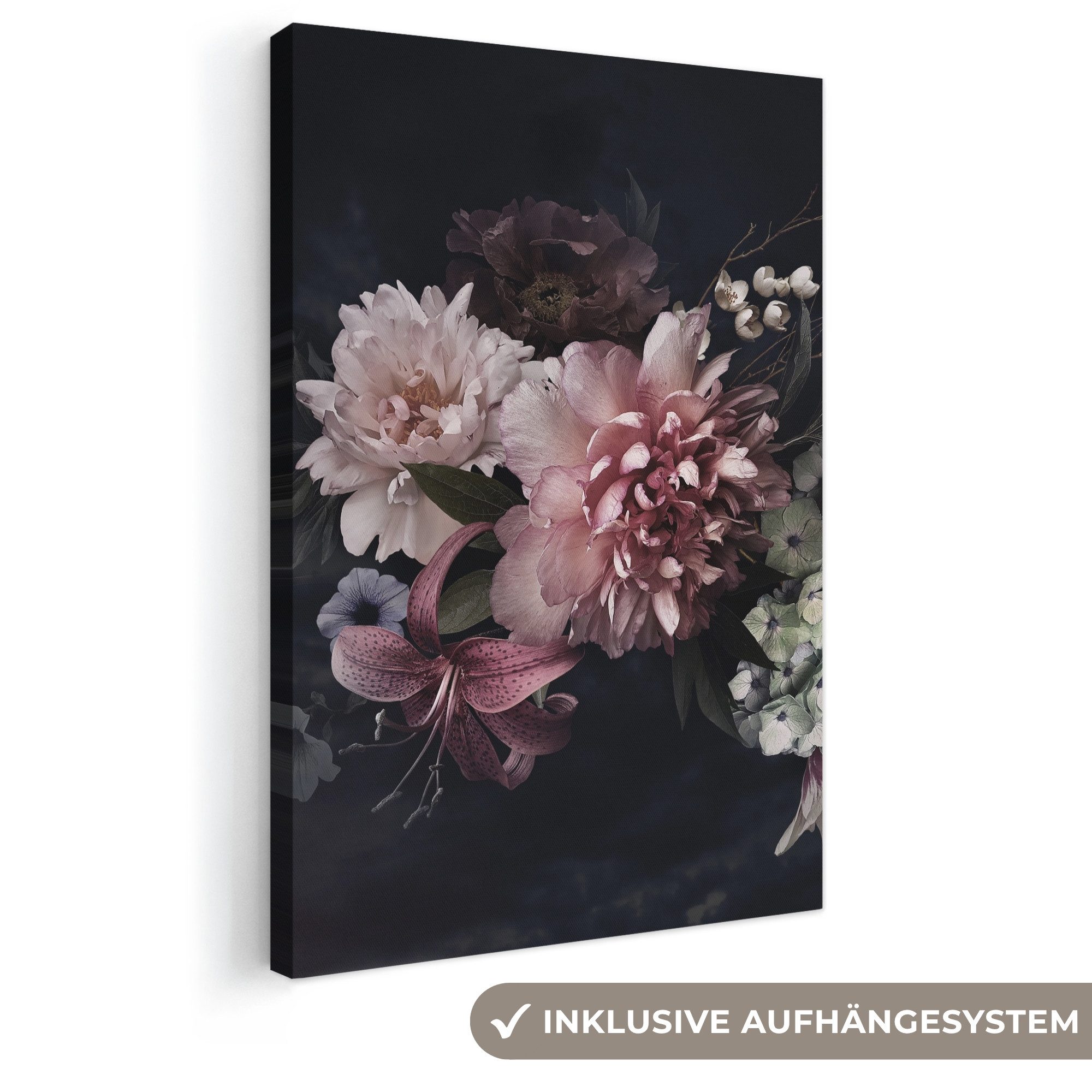 OneMillionCanvasses® Leinwandbild Blumen - Vintage - Pastell - Schwarz - Blumenstrauß, Fotodruck (1 St), Leinwand Canvas Wandbild, Wanddekoration 20x30 cm