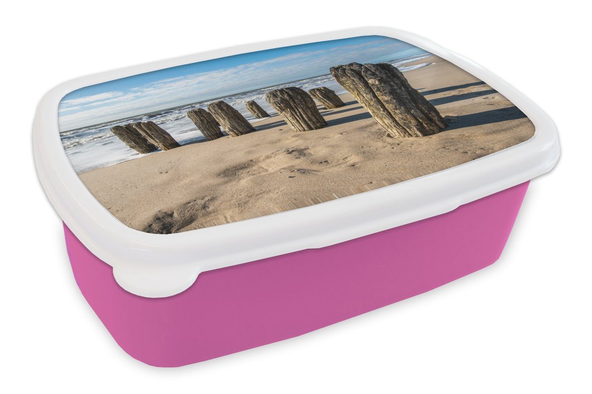 MuchoWow Lunchbox Sand - Strand - Pfahl - Wasser - Sommer, Kunststoff, (2-tlg), Brotbox für Erwachsene, Brotdose Kinder, Snackbox, Mädchen, Kunststoff rosa