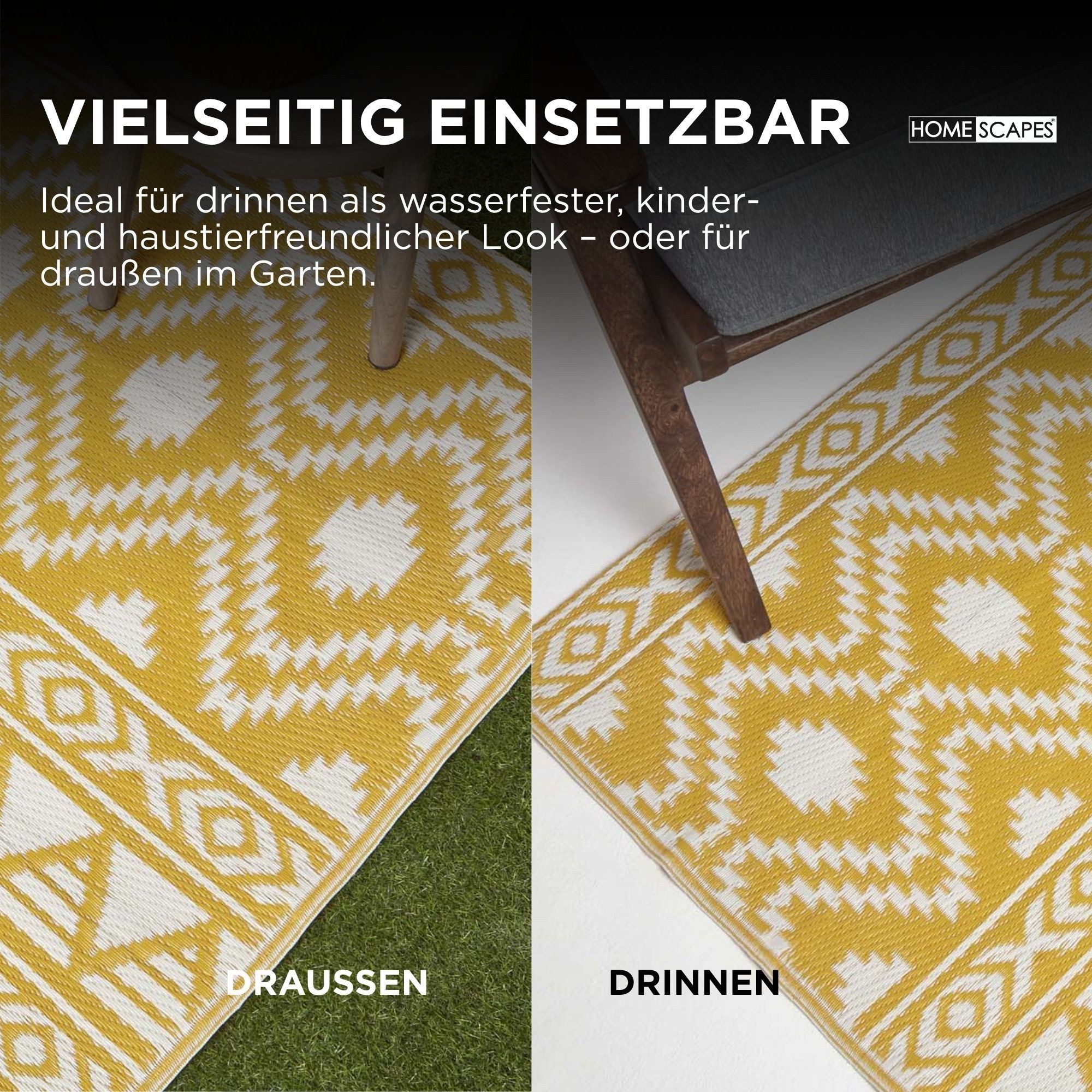 Homescapes Outdoorteppich Outdoor-Teppich Anna aus Polypropylen, senfgelb gemustert,120 x 180 cm, rechteckig, Höhe: 20 mm – Bild 4 von 5