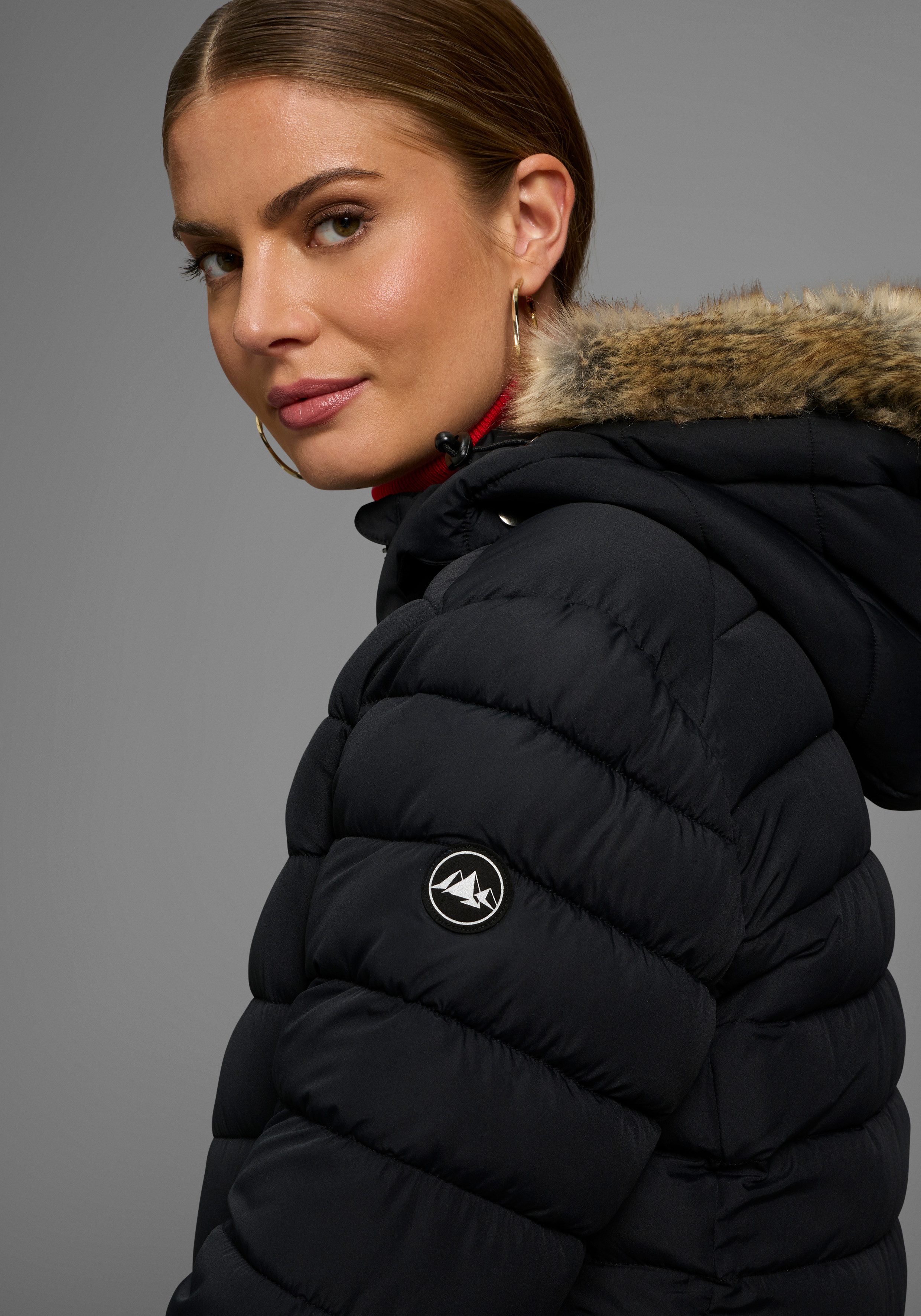 Polarino Steppjacke Kapuze mit Fellimitat zum Abnehmen