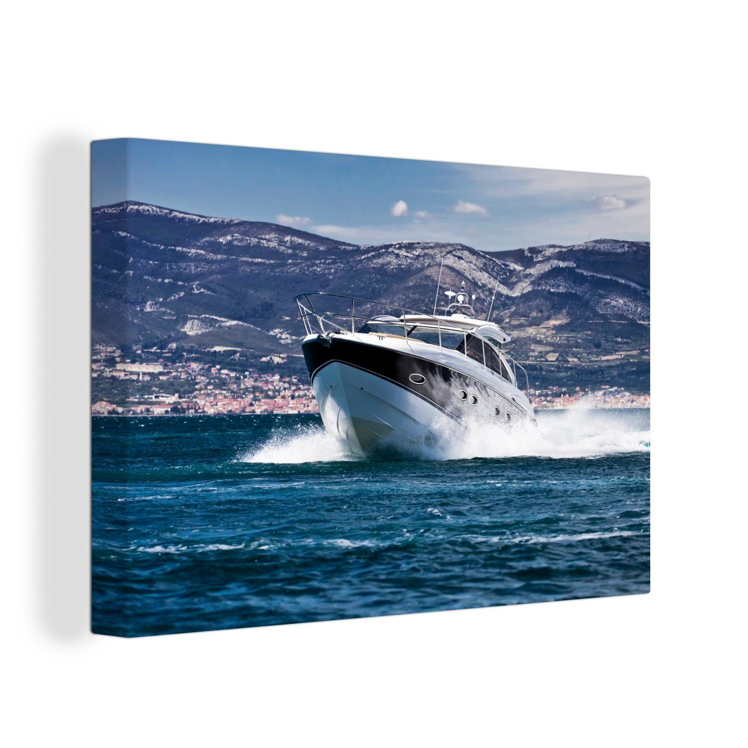 Aufhängefertig, Schnellboot Leinwandbilder, Wanddeko, 30x20 St), übers Wasser, (1 cm OneMillionCanvasses® Leinwandbild Wandbild gleitet