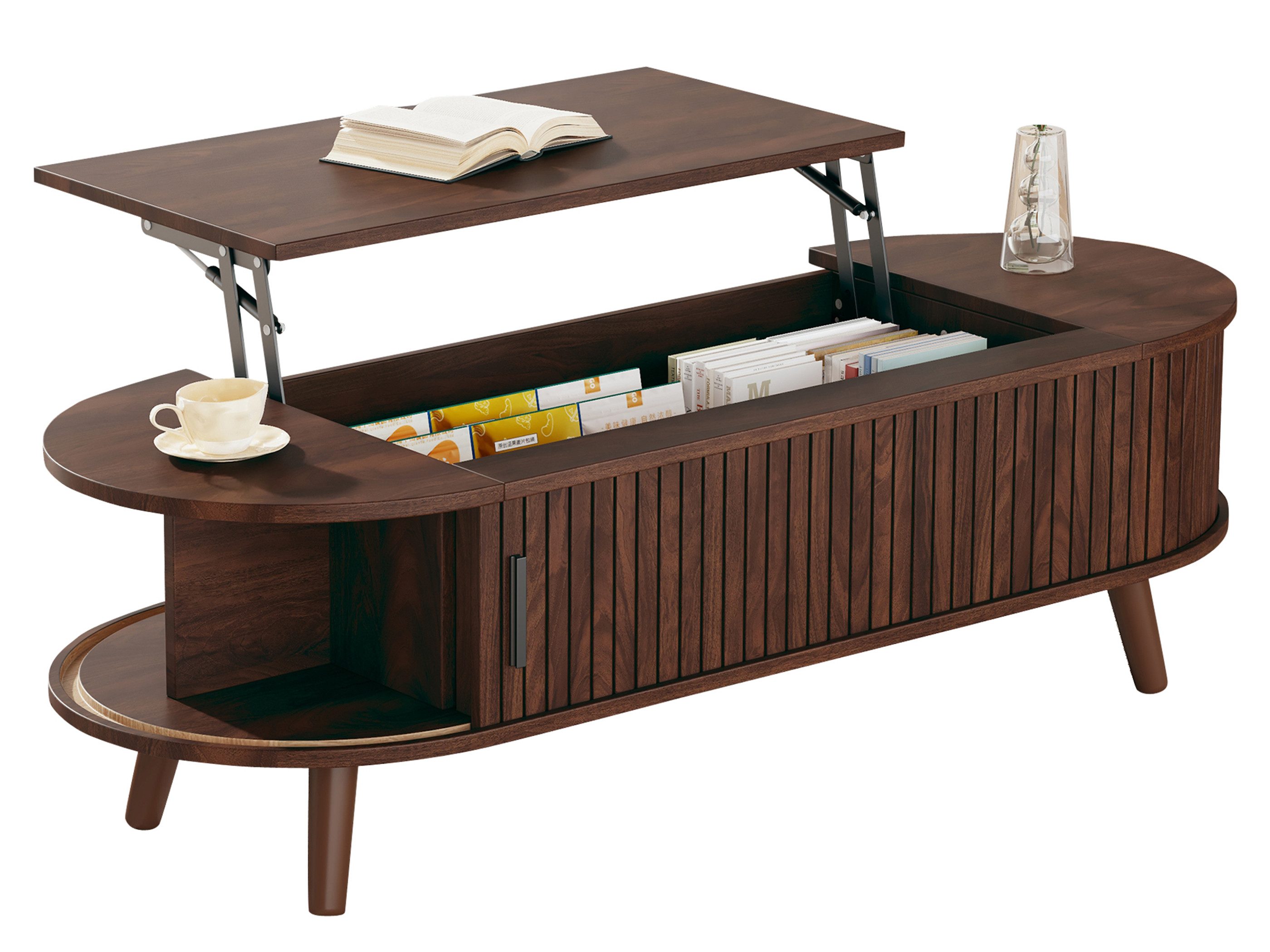 SeedWave Couchtisch Ovaler Sofatisch mit Anhebbarer Tischplatte, Gestreifter Schiebetür, Stubentisch mit 4 Ablagefächern, 4 Holzfüßen