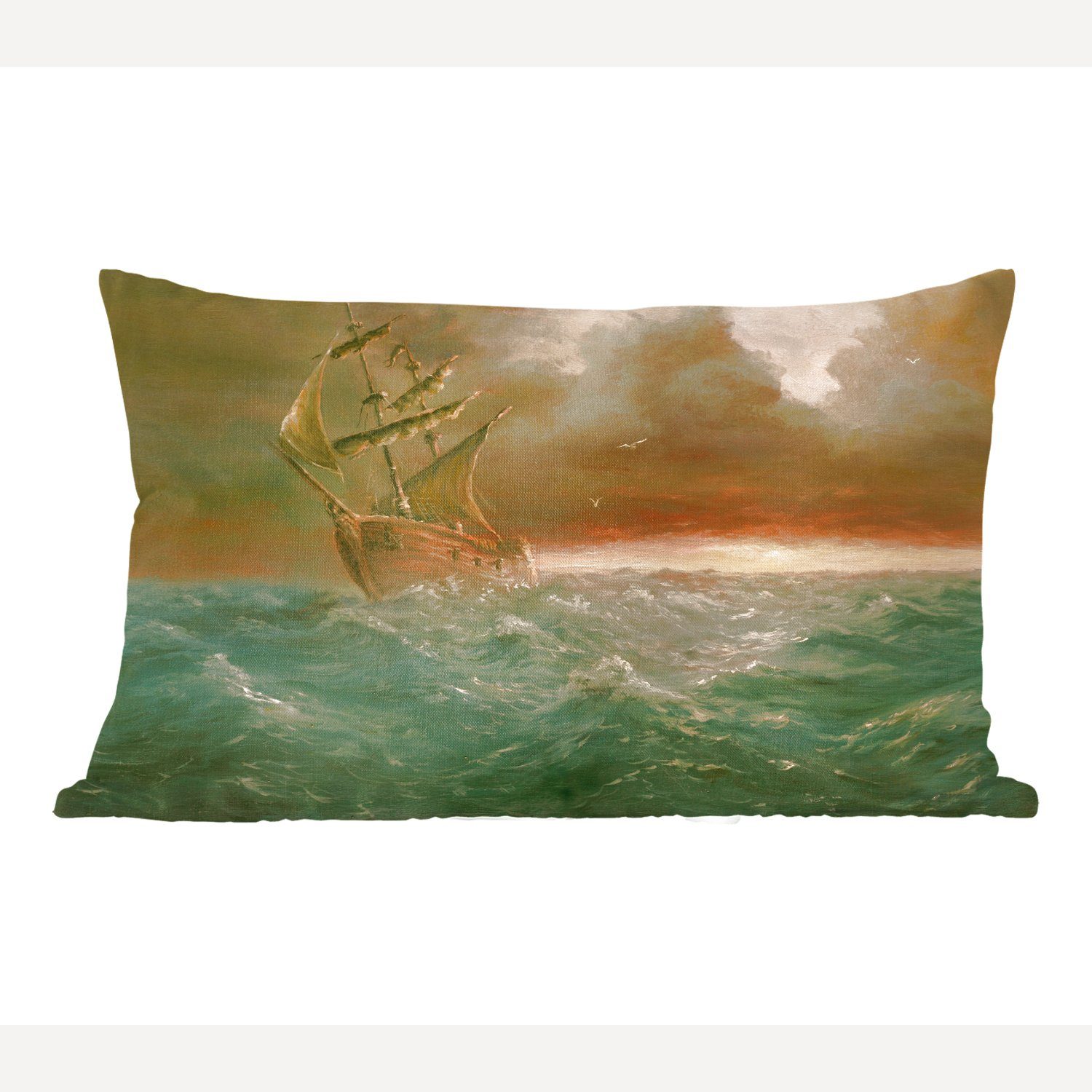 MuchoWow Dekokissen Illustration eines Segelschiffs auf den Wellen bei Sonnenuntergang, Wohzimmer Dekoration, Zierkissen, Dekokissen mit Füllung, Schlafzimmer