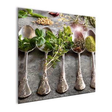 artissimo Glasbild Glasbild 30x30cm Bild Küche Küchenbild Esszimmer Gewürze grün grau, Essen und Trinken: Vintage Löffel mit Kräutern IV