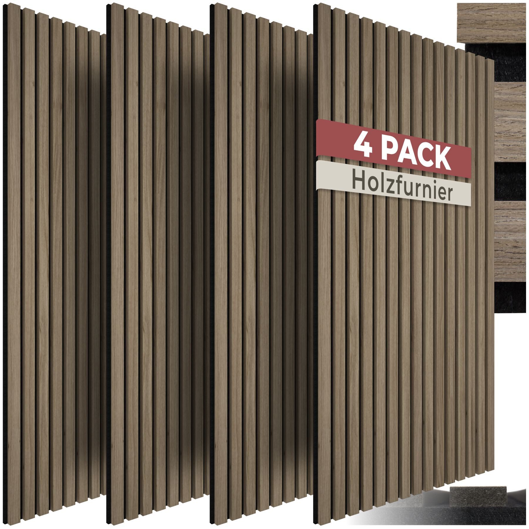 tectake Wandpaneel Akustikpaneele aus MDF und Echtholzfurnier - Eiche dunkel, BxL: 50x110 cm, 0.55000000000000004 qm, (Holzpaneele Sonic Wall II, 4-tlg., Größe flexibel anpassbar) schallabsorbierender Filz, einfache Montage mit Kleber oder Schrauben