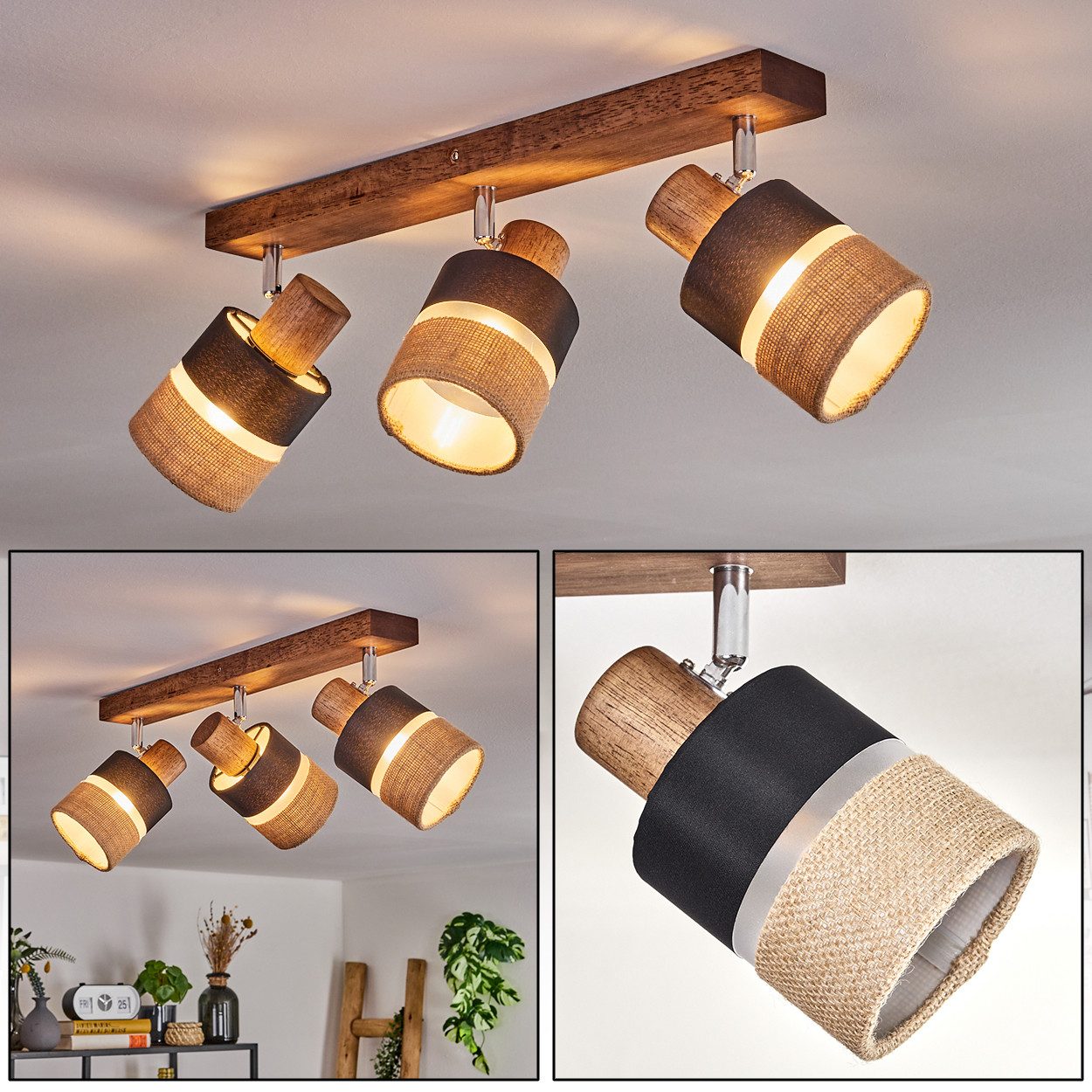 hofstein Deckenleuchte moderne Deckenlampe aus Holz/Metall/Leinen in Dunkelbraun/Chrom/Natur, ohne Leuchtmittel, m. verstellbaren Strahlern, 3x E14, ohne Leuchtmittel