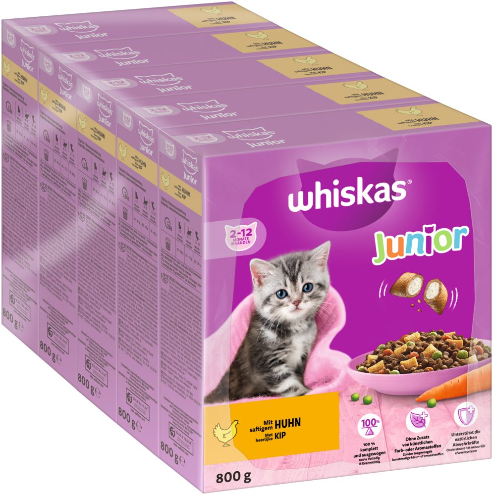 Whiskas WHISKAS® Karton Trocken Junior mit Huhn 5 x 800g, Trockenfutter für: Katze