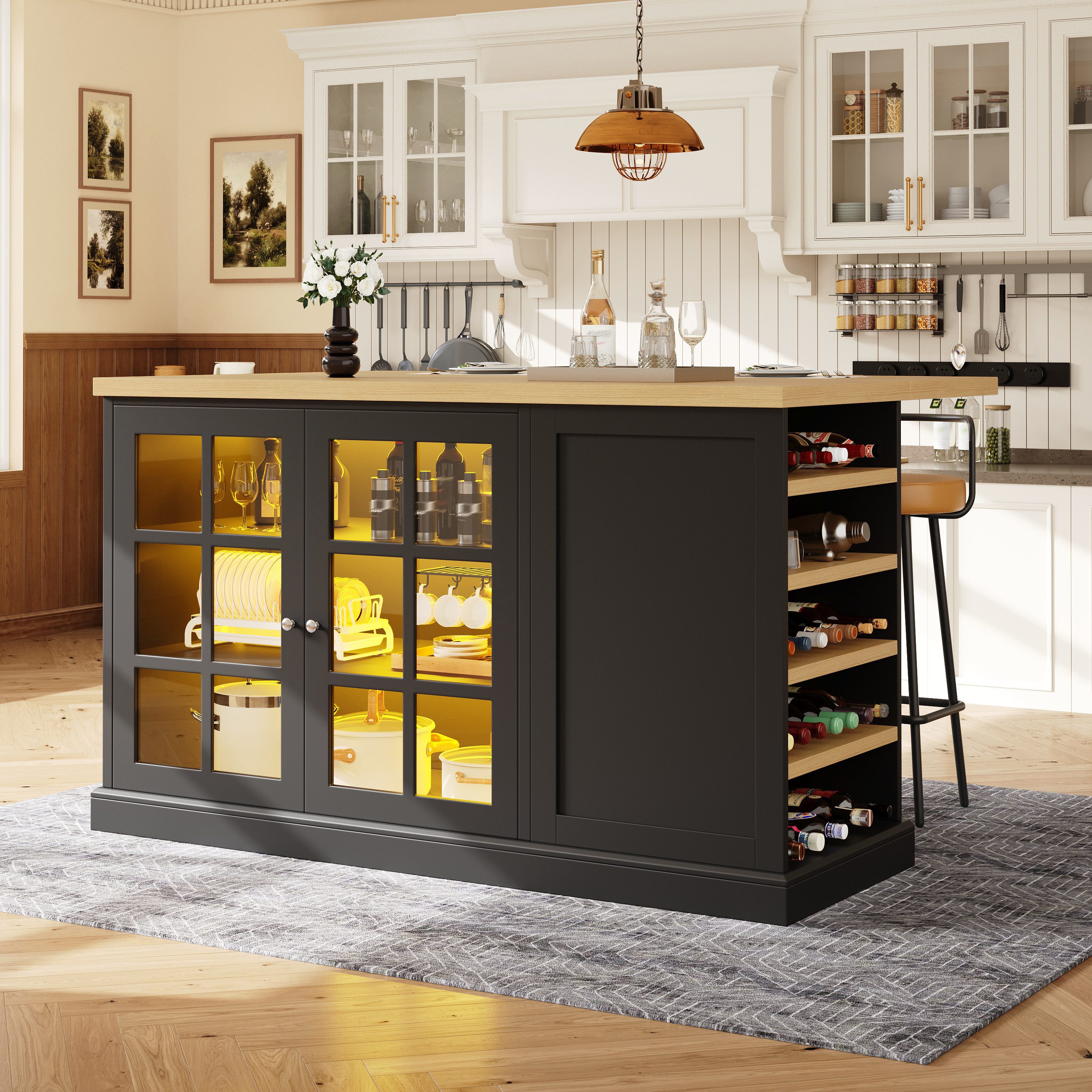 Flieks Kücheninsel mit klapparen Arbeitsplatte in Holzoptik und LED-Beleuchtung, (B120/H90/Tiefe 40-70cm), Multifunktionaler Küchenschrank mit Glastüren und seitlichen Weinregal