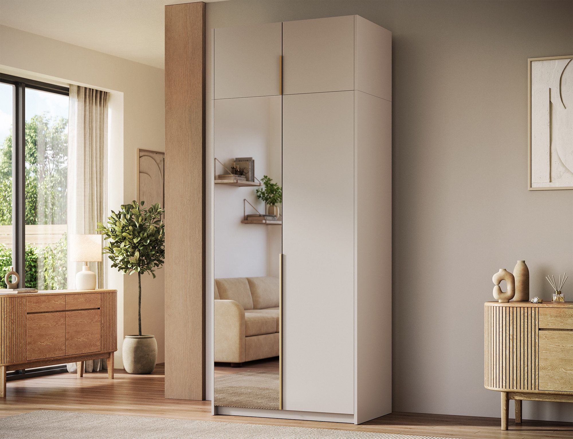 MOEBLO Drehtürenschrank Lunaro II (moderner Kleiderschrank 2-türig Schrank Garderobe Schlafzimmer, 100 cm, mit Spiegel Drehtüren Weiß Kaschmir Artisan Gold Griffe optional mit Aufsatz) (BxHxT): 100 x 204 x 58 cm