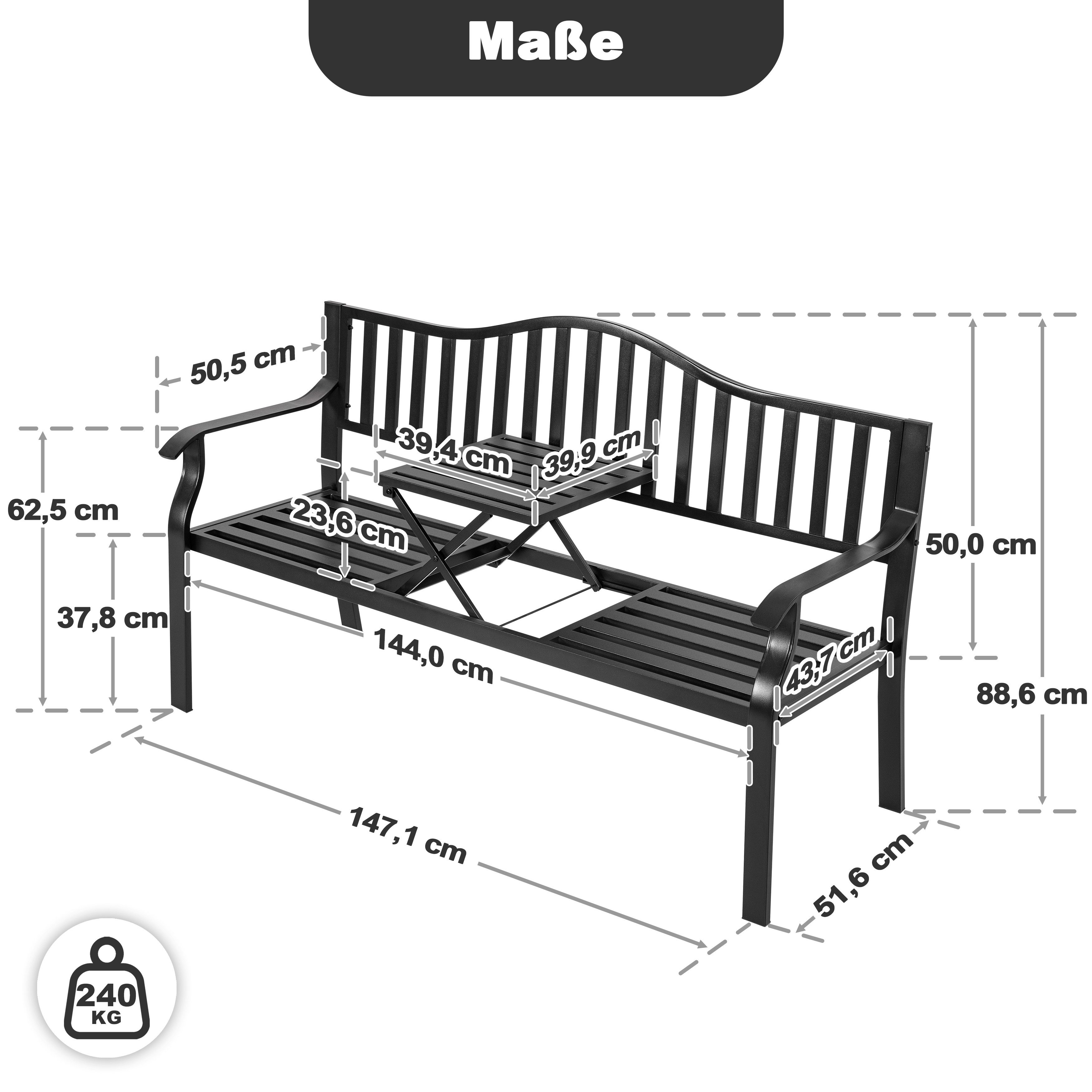 Avestar Gartenbank E-beschichteter Metallrahmen mit integriertem Tisch (1-St), Wetterfest & Robust, 3-Sitzer für Terrasse & Garten