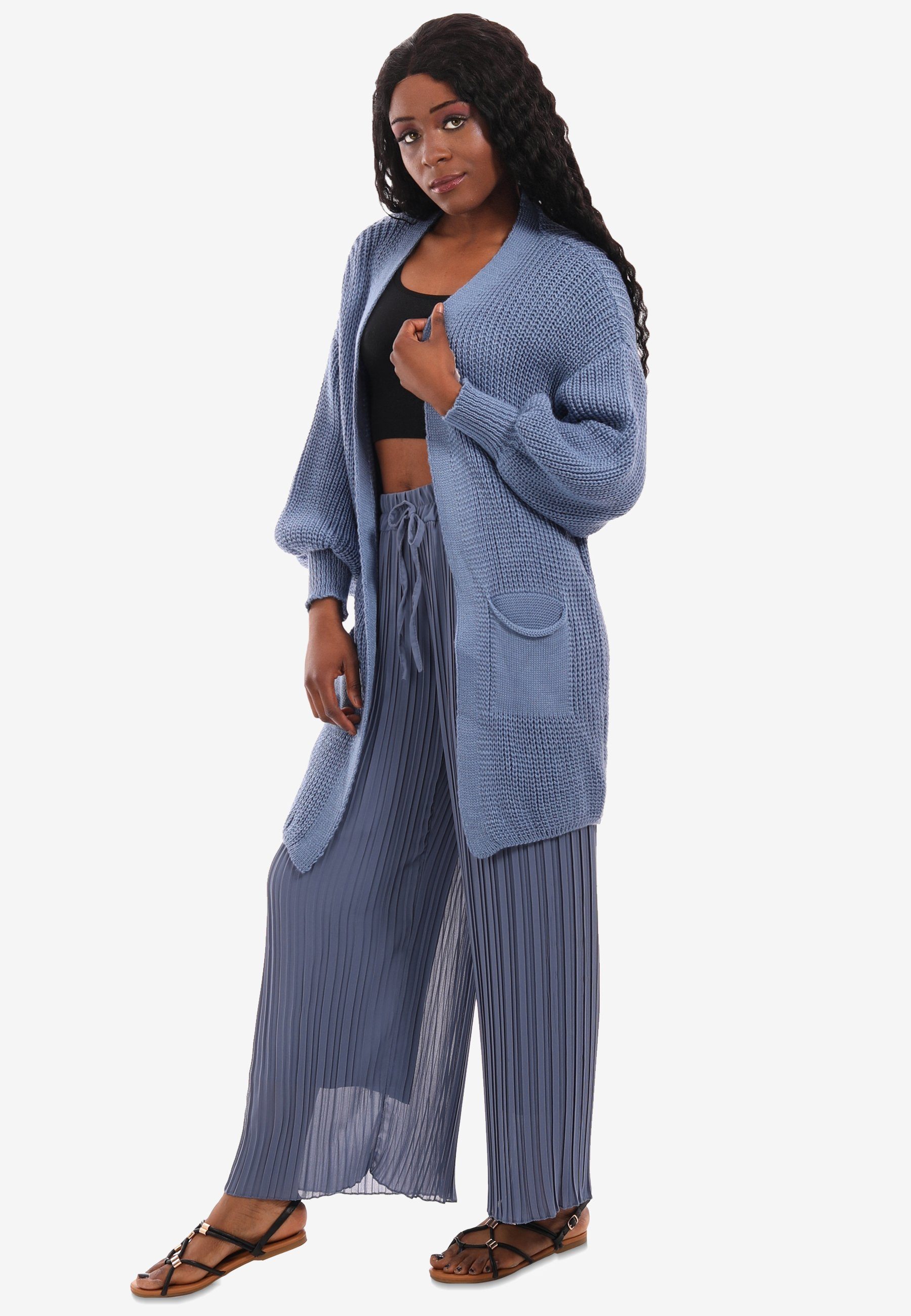 aufgesetzten Style Taschen One Unifarbe, mit in Taschen YC Strick-Cardigan mit & Fashion Cardigan Size jeansblau