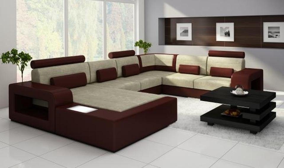 JVmoebel Ecksofa, Sofa mit Leder Sofa Beleuchtung Textil Couch Wohnlandschaft Stoff