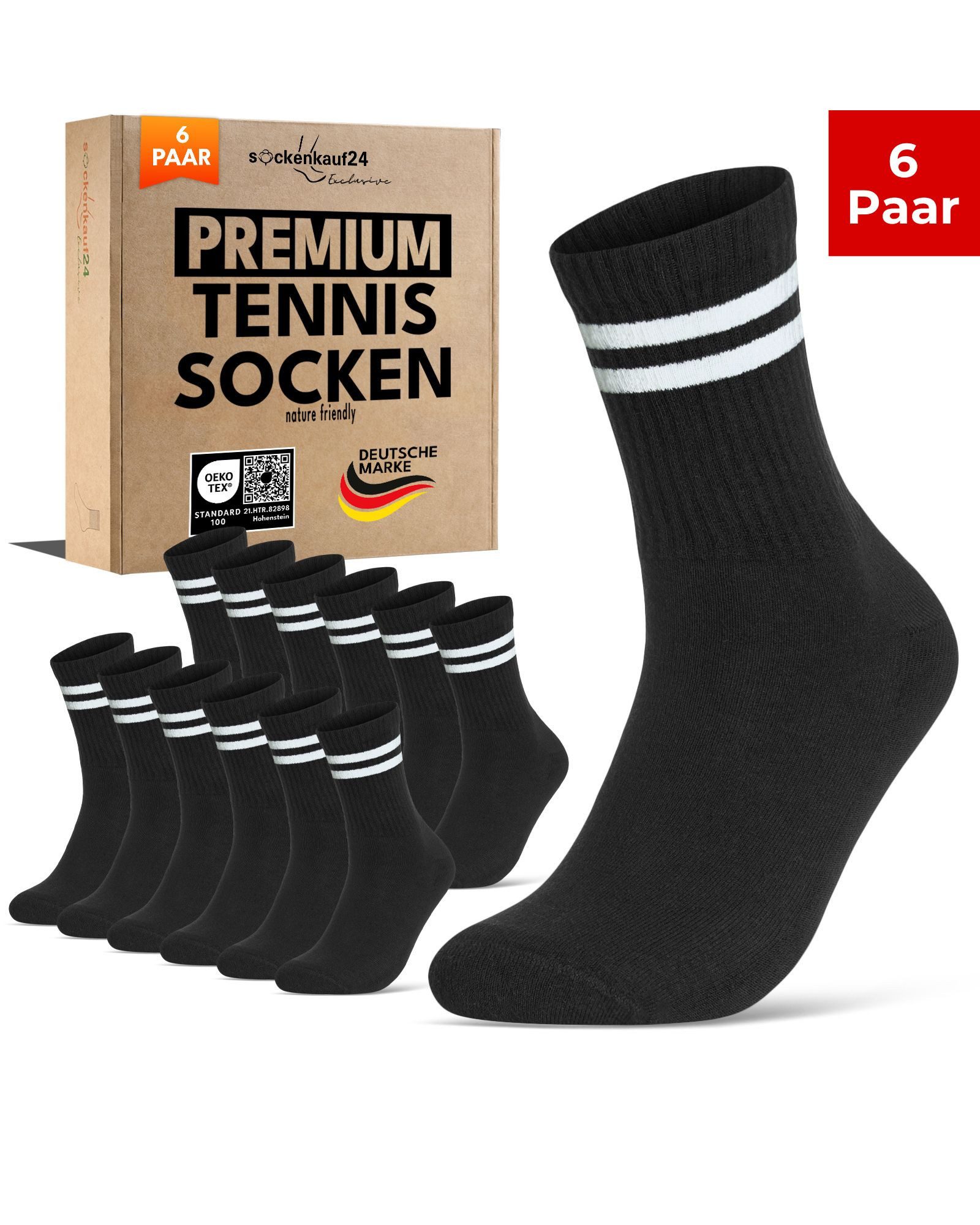 sockenkauf24 Tennissocken Herren Sportsocken Premium Retro Crew Socken mit Komfortbund (6-Paar) verstärkte Ferse & Fußspitze, gepolsterte Sohle, gekämmte Baumwolle