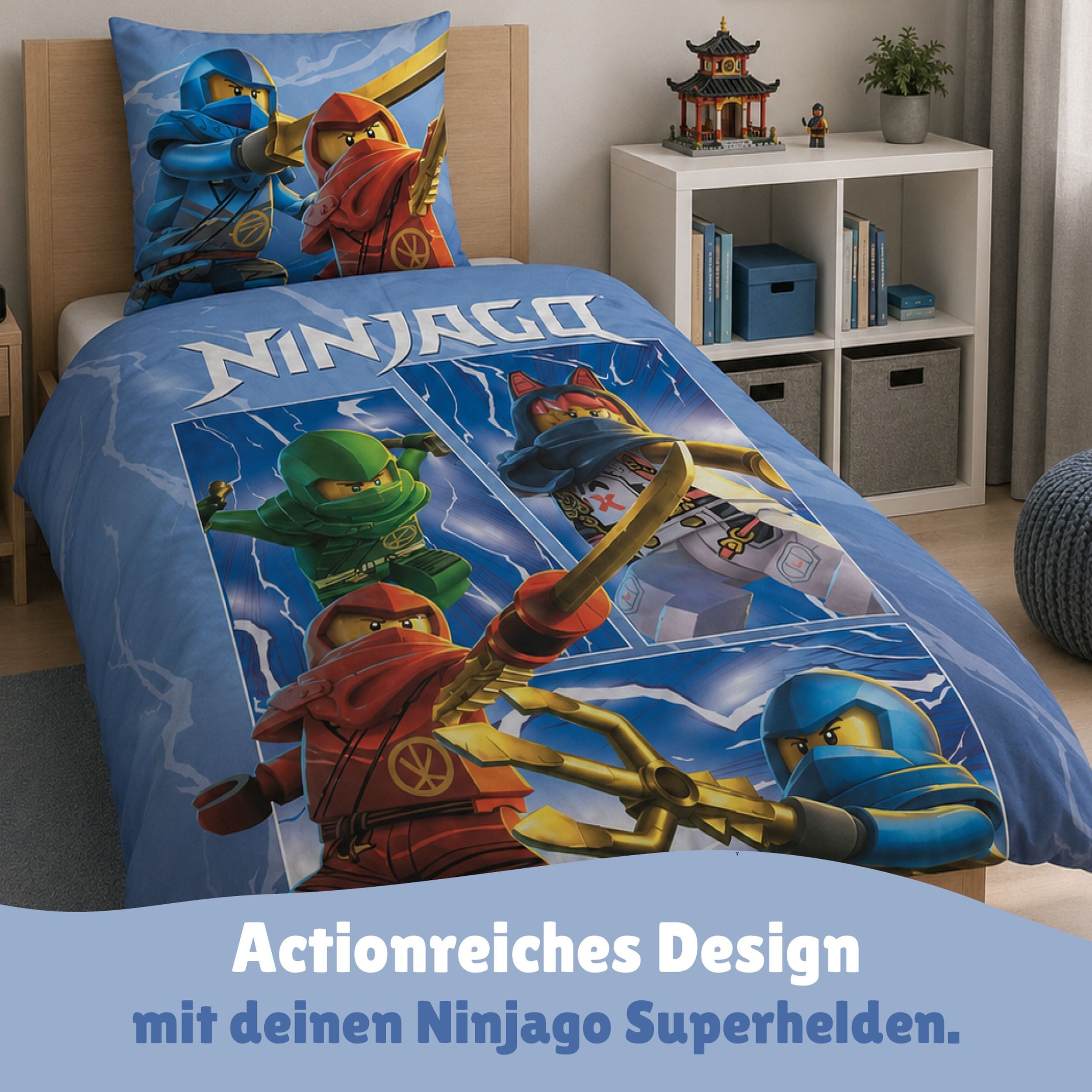 Familando Kinderbettwäsche Lego Ninjago Blau mit Lloyd Jay Kai uvm. aus 100% Baumwolle, Renforcé, 2 teilig, 135x200 80x80cm mit Reißverschluss; Wendebettwäsche
