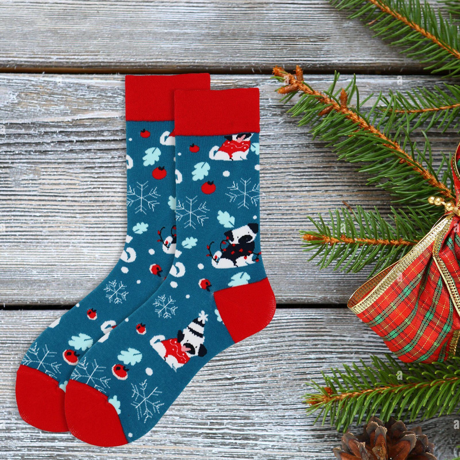 Rutaqian Socken 2 Paar Weihnachts Cartoon Socken,Weihnachten Baumwolle Socken (Bunter Aufdruck, Weihnachtsmann-Schneemann-Muster, Unisex Kuschelsocken Winter Socken Festliche Socken) Weich, Rutschfest,Elastisch, Vorgeschrumpft für Weihnachtsgeschenke Blau