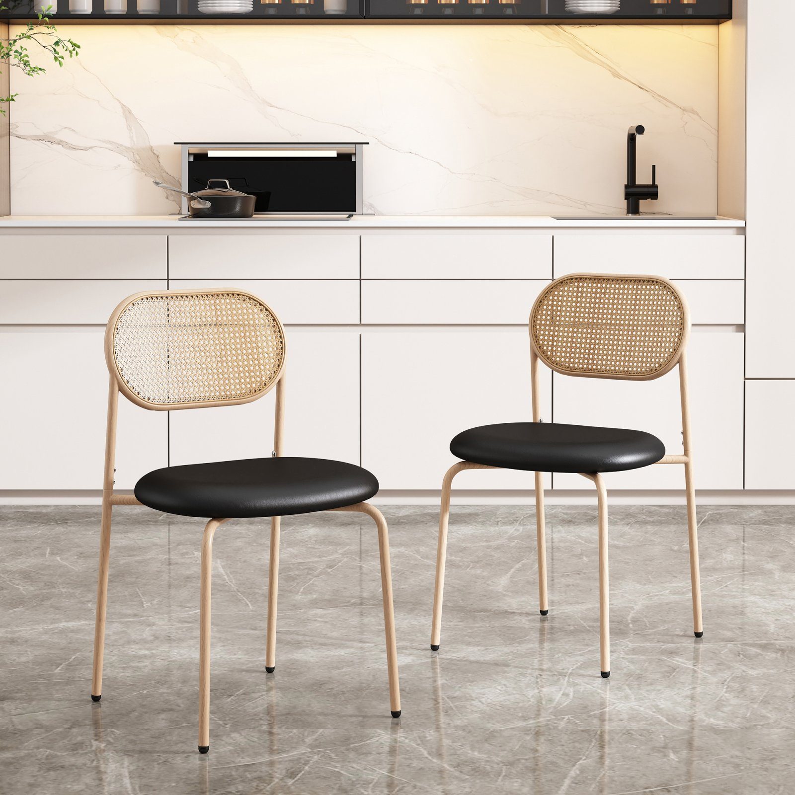 SEEZSSA Esszimmerstuhl 2/4/6er Set Moderner Rattan-Freizeitstuhl mit Stützbeinen aus Metall, 2 schwarze Stühle mit ovalen Rückenlehnen