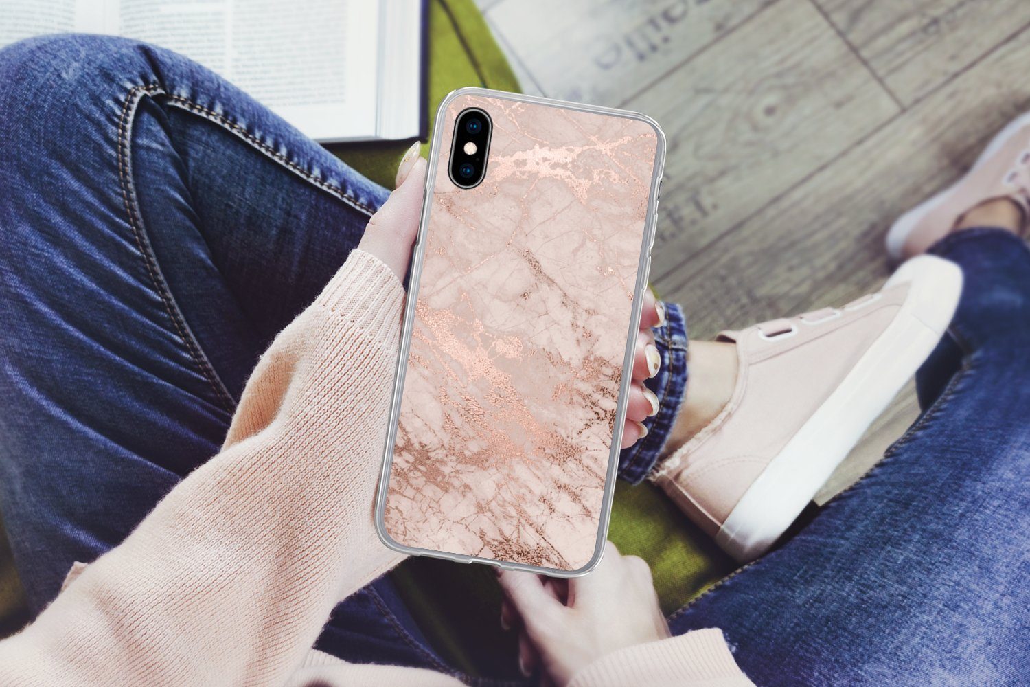 MuchoWow Handyhülle für Apple iPhone X Marmor - Rosa - Luxus - Marmoroptik - Glitzer - Des, Smartphone-Bumper, Print, Handy Schutzhülle Dünn