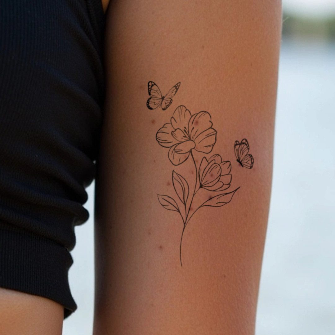 Inkster Schmuck-Tattoo Blume mit zwei Schmetterlingen Tattoo, wasserfestes temporäres Tattoo, 2 Wochen Halt