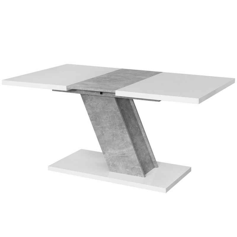 Vladon Esstisch »Kross«, Tischplatte ausziehbar, 120-160 x 75 x 80 cm, Weiß Hochglanz + Beton Oxid
