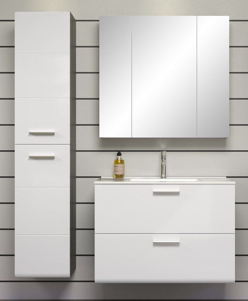 trendteam Badmöbel-Set Badezimmer Set Riva 1 inkl. Waschbecken weiß / rauchsilber 3-teilig, (3-St)
