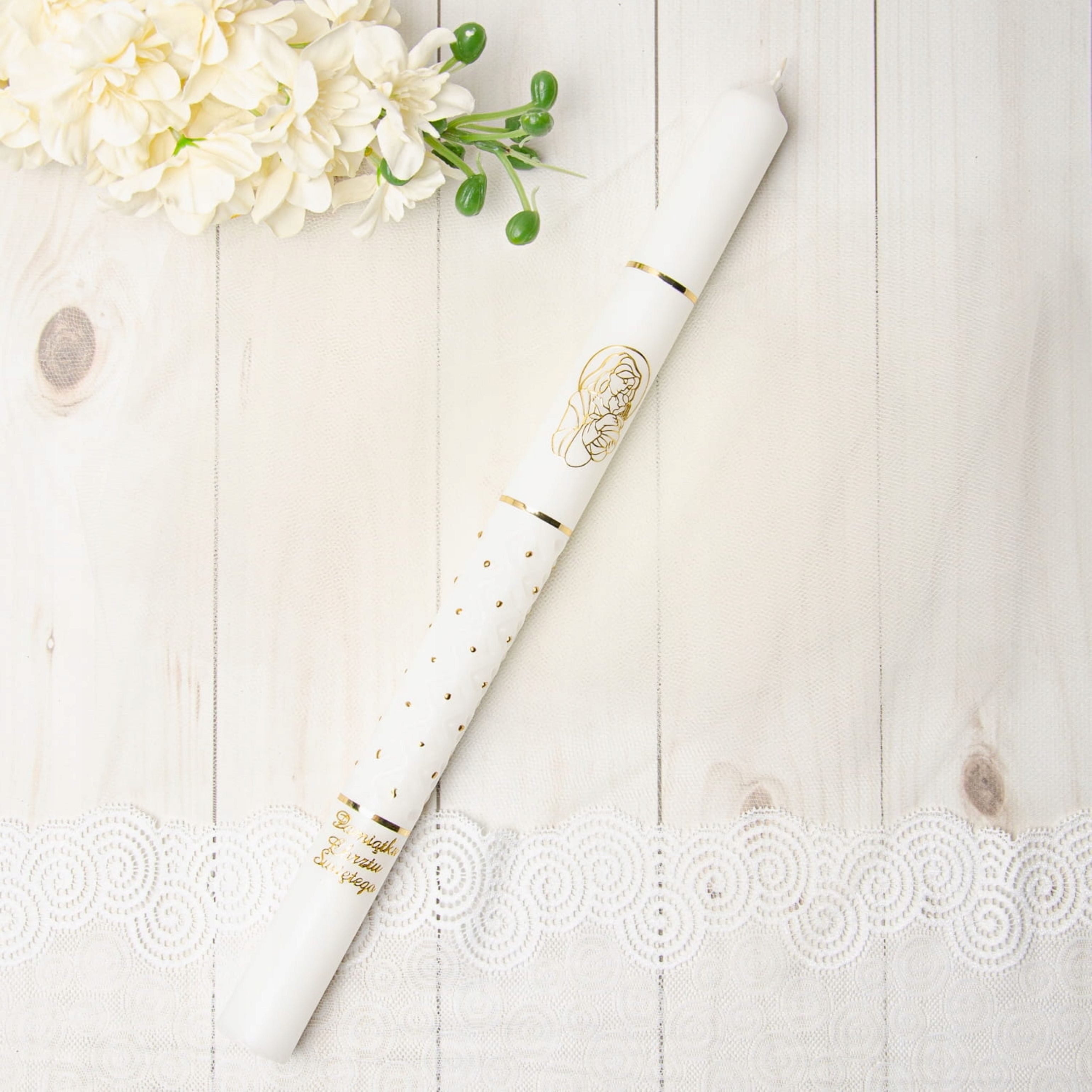 Sacramenta Taufkarte Taufkerze Gromnica 40cm – Handverziert, Weiß-Gold, Marienmotiv