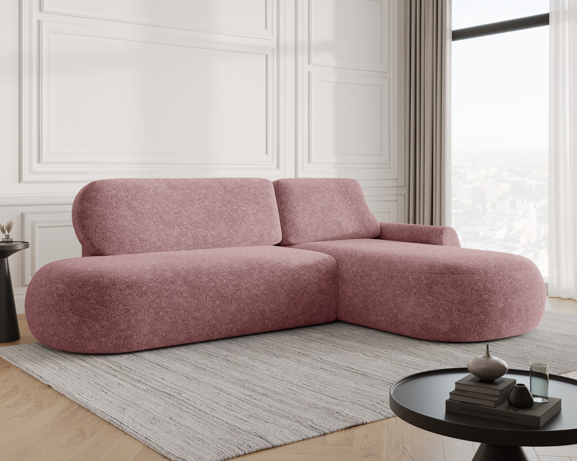 MOEBLO Ecksofa DIUNE, Rundsofa, Ecksofa mit abgerundetem Design, mit Schlaffunktion und Bettkasten, frei im Raum stellbar - Sofa mit Ottomane Eckgarnitur Polsterecke, (BxHxT): 275 x 90 x 186 cm, Chenille-Strukturstoff