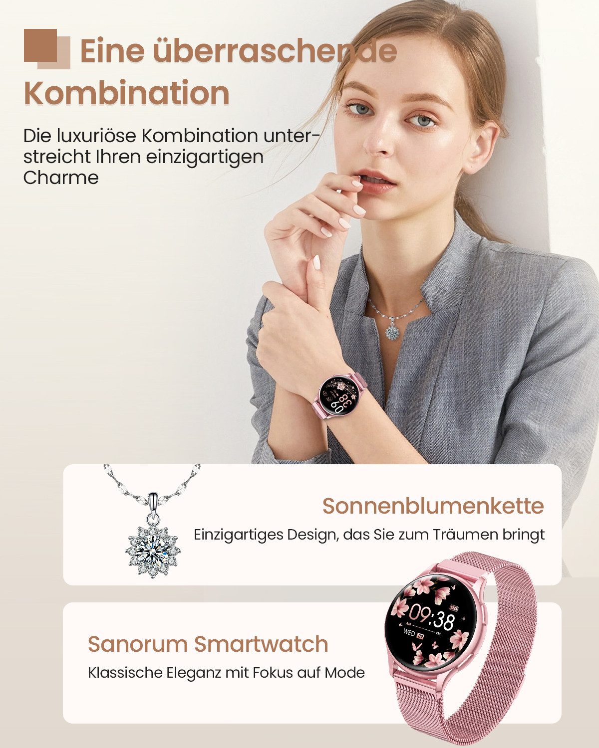 SWGOTA 2026 NEW Smartwatch Damen Fitnessuhr Damen mit Pulsuhr,SpO2,Blutdruck Smartwatch (3.23 cm) IP68 Smartwatch Damen rund mit Edle Halskette/120+ Sportmodi/Anrufe, Uhr Damen mit Schlafmonitor,Geschenk für Damen
