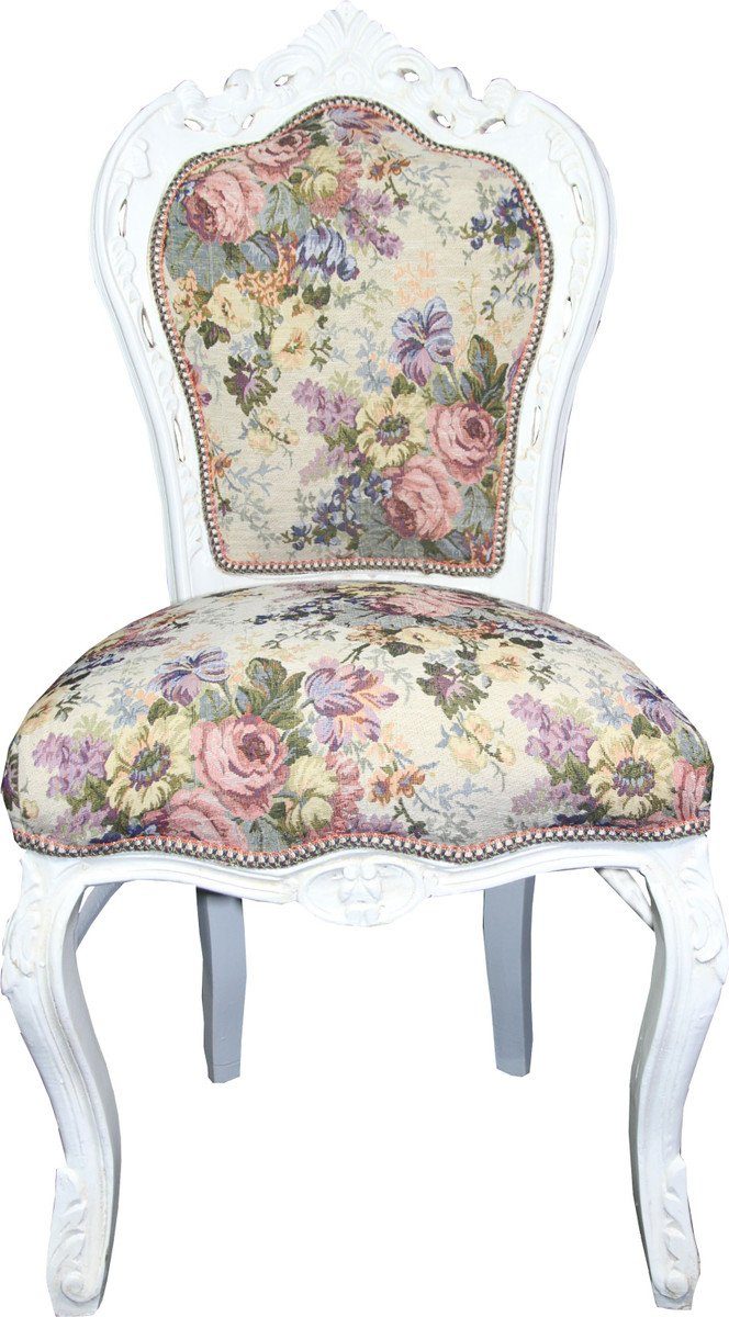 Casa Padrino Esszimmerstuhl Barock Esszimmer Stuhl Blumen Muster / Antik Weiss Mod 2 - Antik Stil Möbel