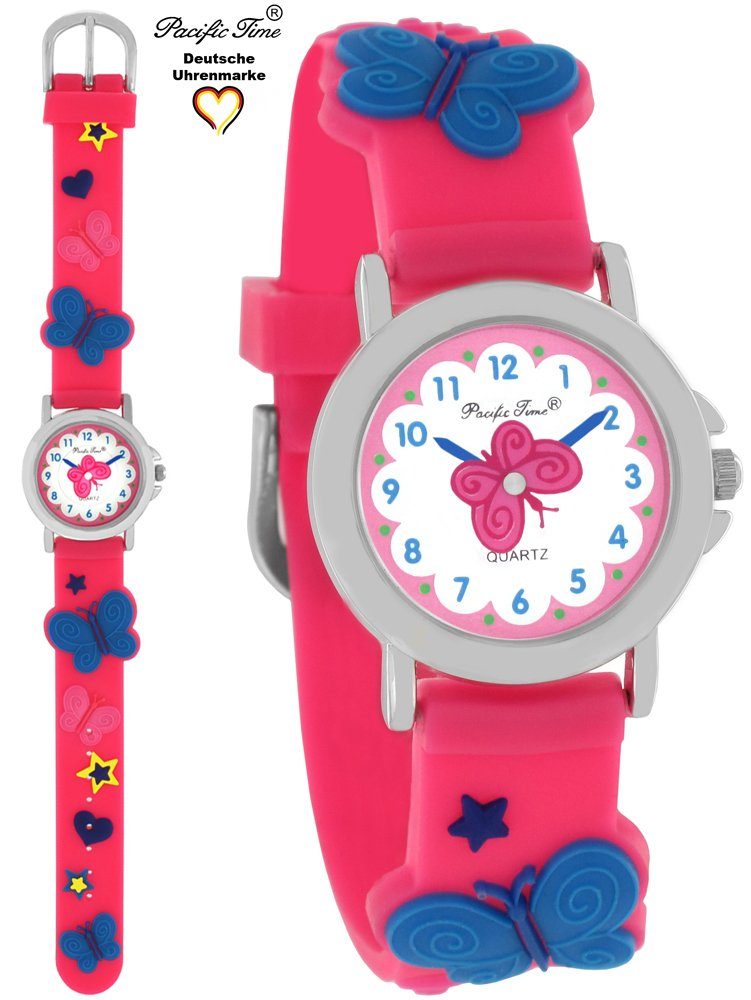 Pacific Time Quarzuhr »Kinderuhr Mädchen Armbanduhr Schmetterling  Silikonarmband pink 20099«, 3D Schmetterlinge -Gratis Versand