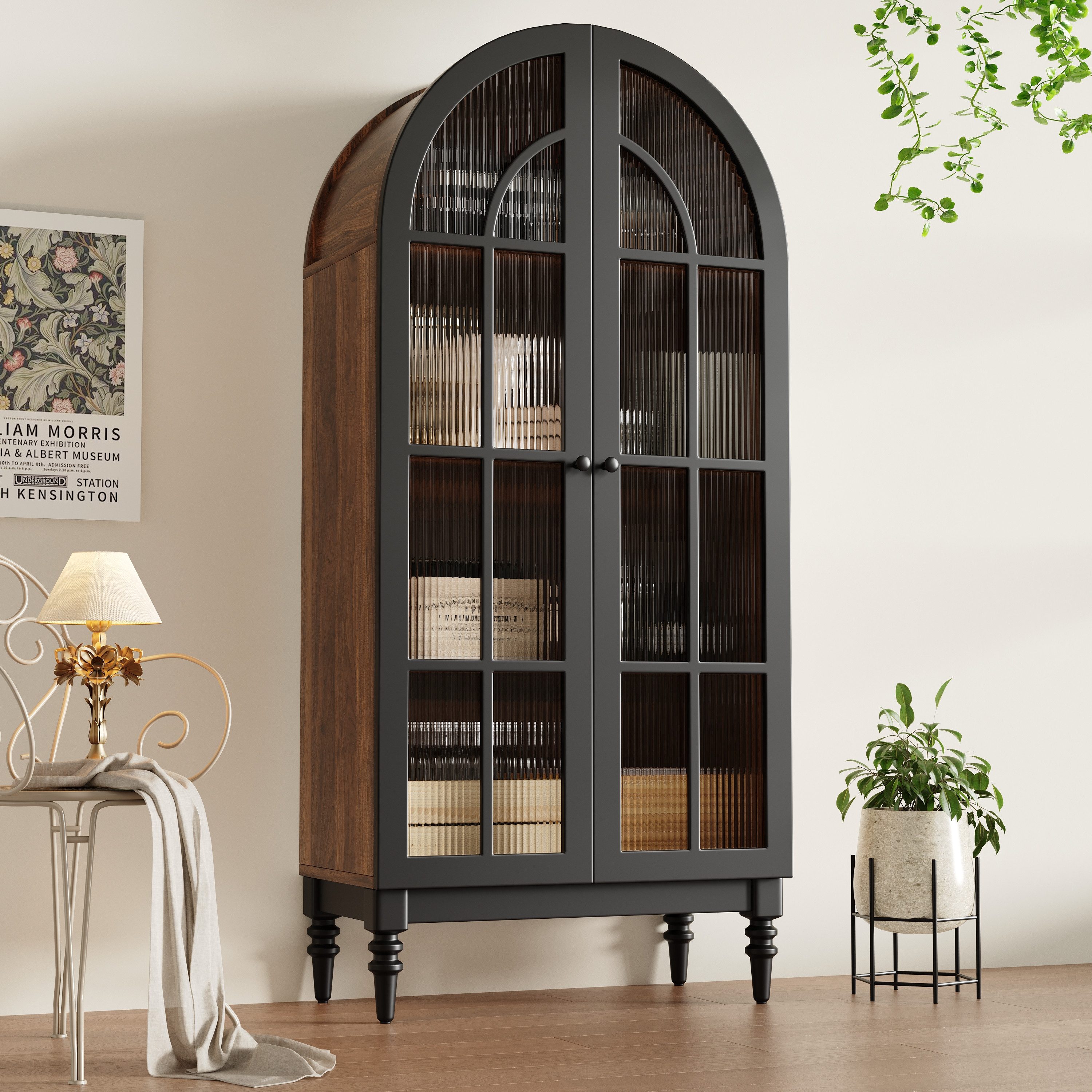STILVORA Vitrine mit Glastüren Hoher Bogen Aufbewahrungsschrank für Küche Wohnzimmer (Glasvitrine mit Großzügiger Stauraum, einzigartigen Farbblock-Design) Vielseitiges Stilelement