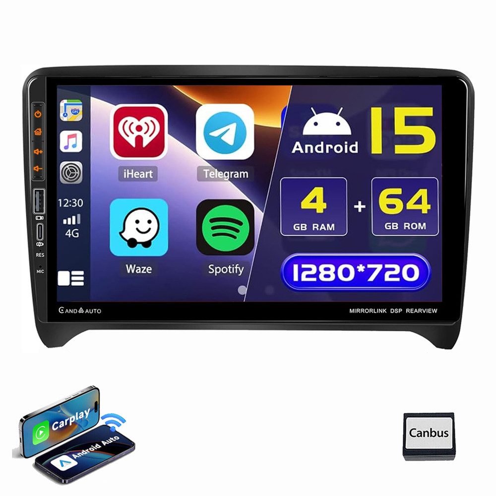 ESSGOO Autoradio Für AUDI TT MK2 8J 2006-2014 Android 15 4+64GB Autoradio (FM, RDS, AM, Carplay Android Auto GPS Navi WIFI BT USB)