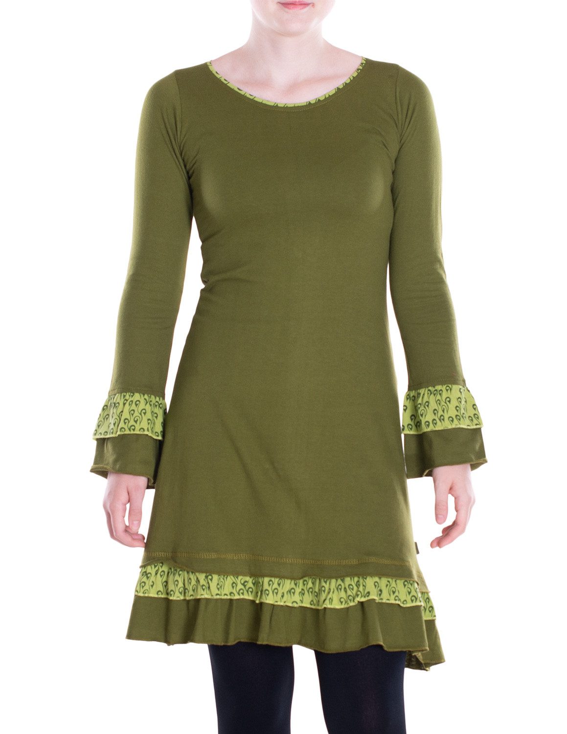 Midikleid Damen knielang Kleid Baumwolle Blumen-Muster Lagenlook-Design Rüschen