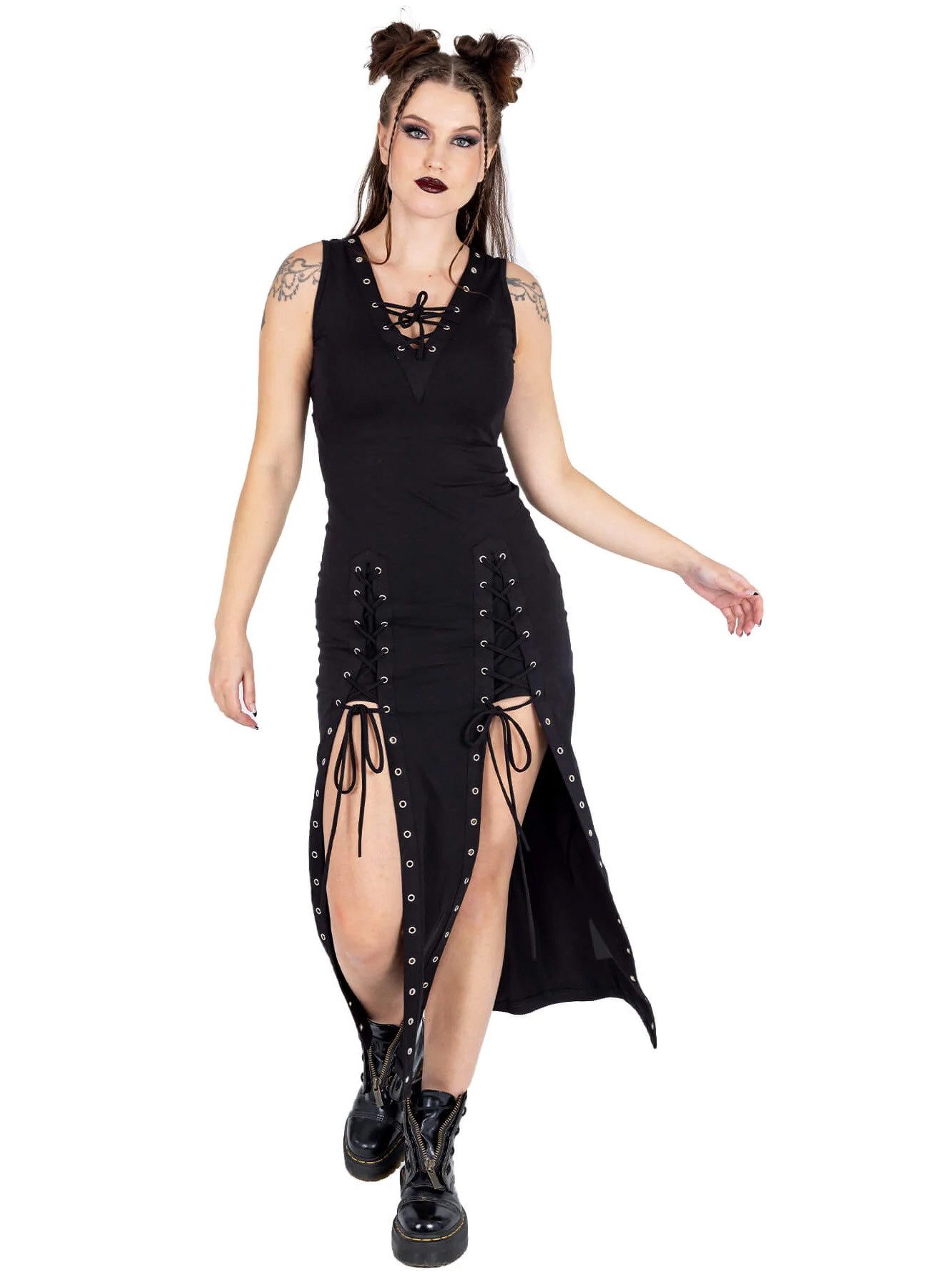 Vixxsin Maxikleid Kienna Gothic Goth Nieten Schnürung Geschlitzt günstig online kaufen