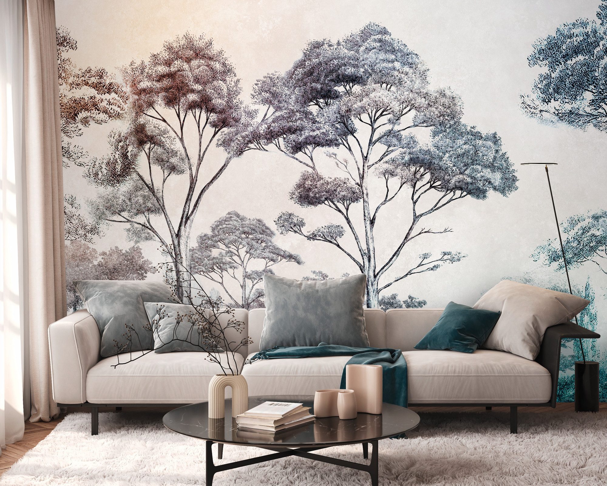 living walls Fototapete THE WALL III Tapete mit Bäumen Motivtapete Urwald Dschungeloptik, glatt, matt, (1 St), Vliestapete Zeichnung für Schlafzimmer Küche Wohnzimmer Bäume Design