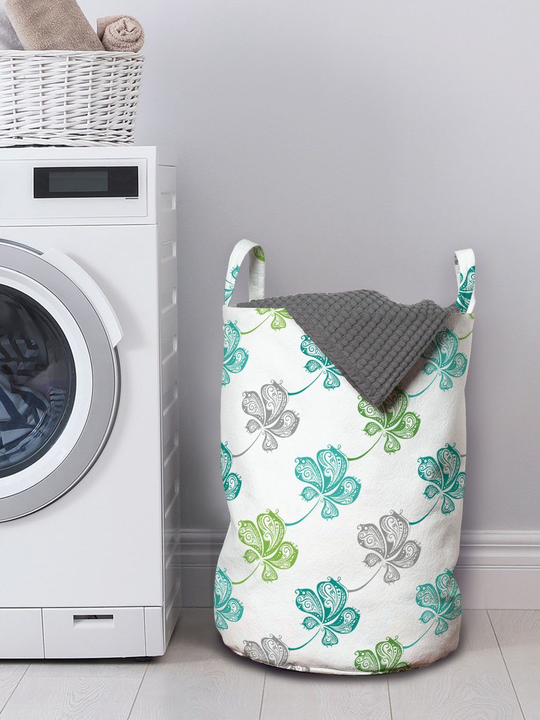 Kordelzugverschluss für Wäschesäckchen Abakuhaus Wäschekorb Blume mit Punkten Paisleys Blütenblätter Waschsalons, mit Griffen