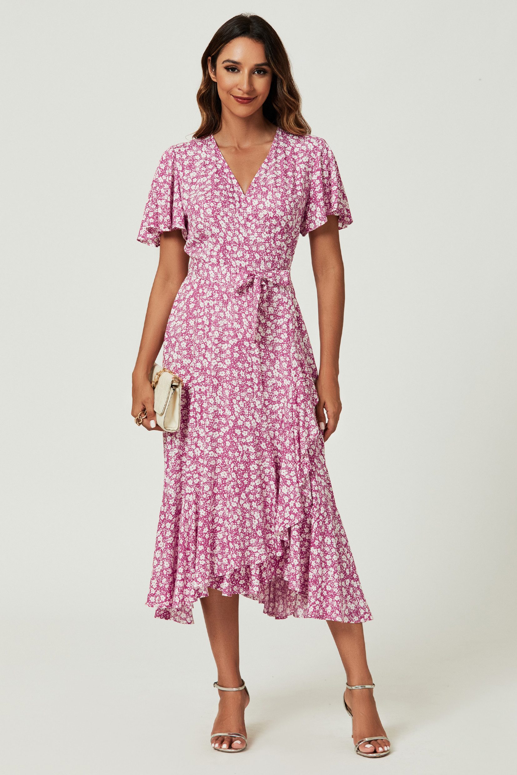 FS Collection Wickelkleid Damen Midi-Wickelkleid V-Ausschnitt mit Blumenmus günstig online kaufen