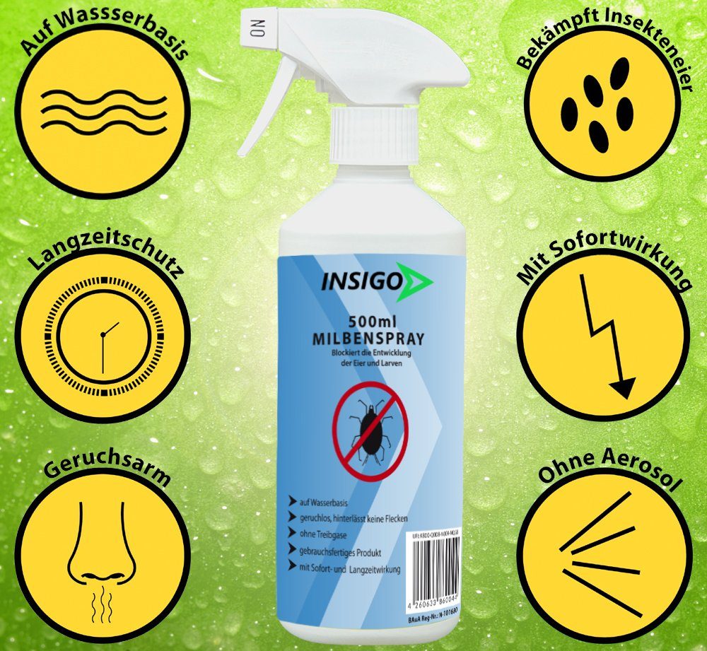 INSIGO ätzt mit auf l, geruchsarm, Ungezieferspray, Wasserbasis, 3 Milben-Mittel / Milben-Spray Langzeitwirkung Insektenspray brennt Anti nicht,
