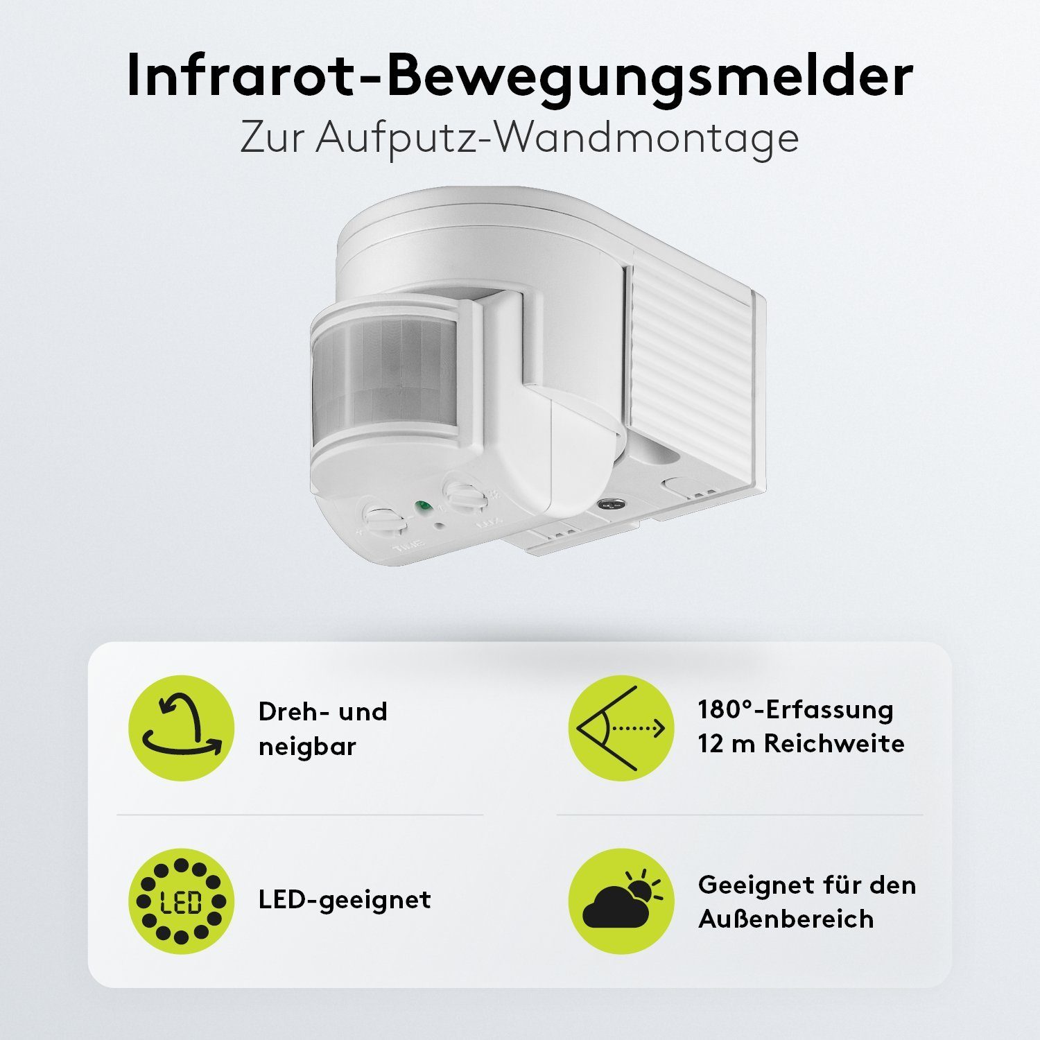 Goobay Bewegungsmelder Außenbereich Infrarot Melder mit 180 Grad PIR Sensor, (300 W / Schraubklemmen), 12m Reichweite, Aufputz Wandmontage, Weiß