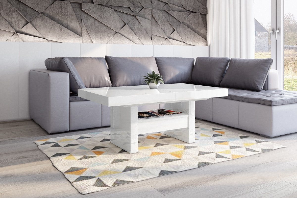 designimpex Couchtisch HLU-111 Weiß Hochglanz Schublade höhenverstellbar ausziehbar Esstisch, Funktionstisch, Wohnzimmertisch, Tisch, Esstisch, Sofatisch, Schublade