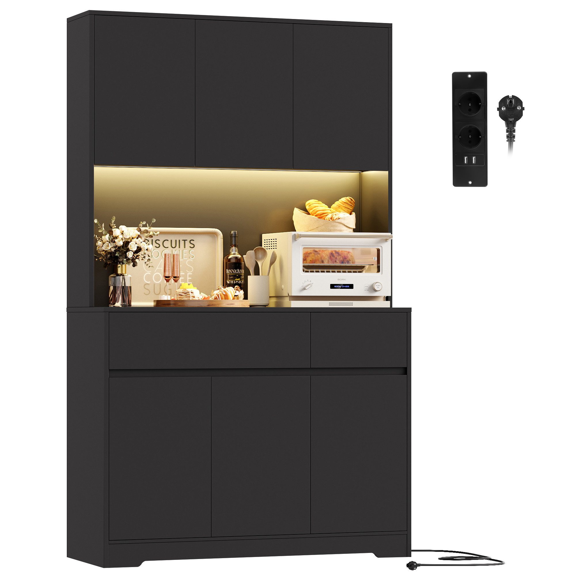 Homfa Küchenbuffet Küchenschrank Buffetschrank mit LED-Beleuchtung mit steckdosen, Arbeitsplatte und verstellbare Ablagen, 100x38,5x180cm