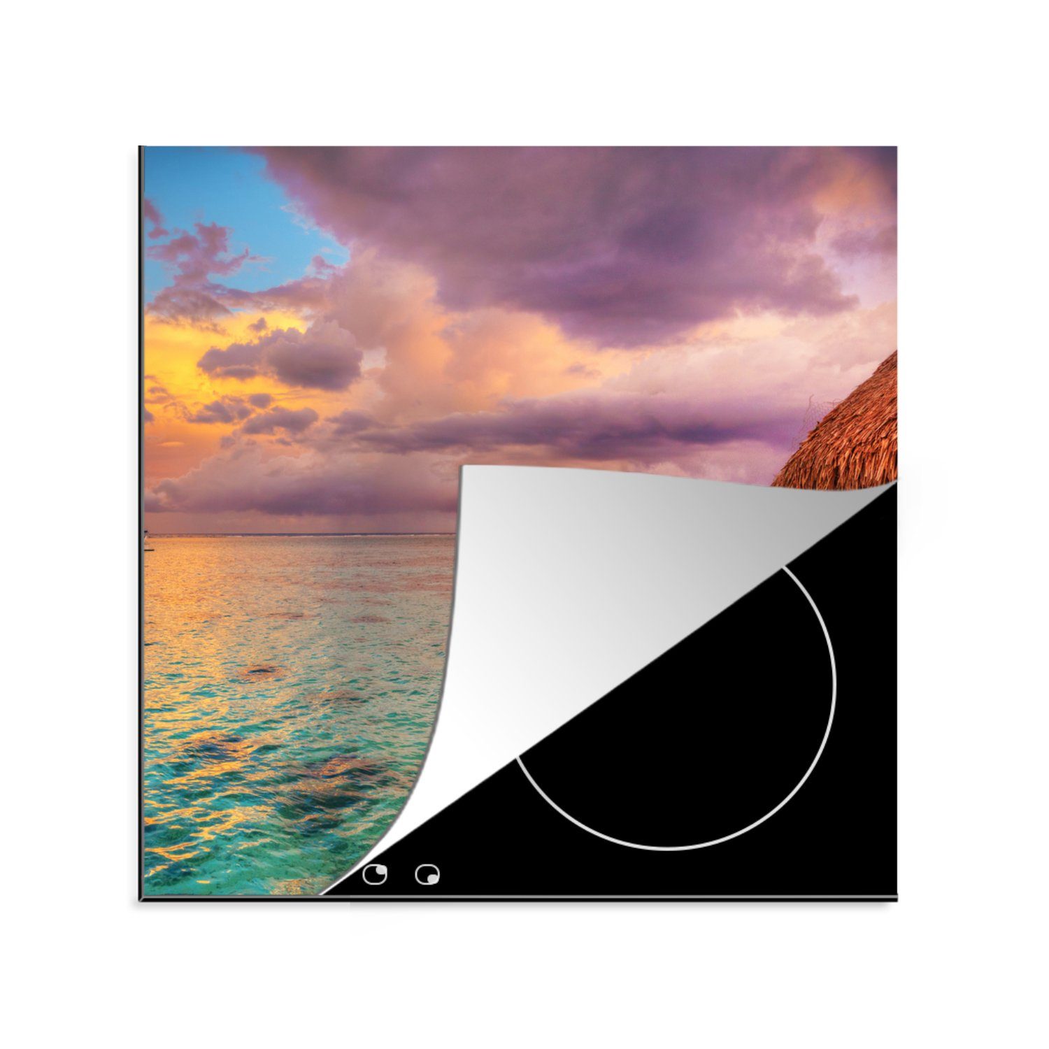 MuchoWow Herdblende-/Abdeckplatte Bungalow mit Sonnenuntergang auf der Insel Mo'orea, Vinyl, (1 tlg), 78x78 cm, Ceranfeldabdeckung, Arbeitsplatte für küche