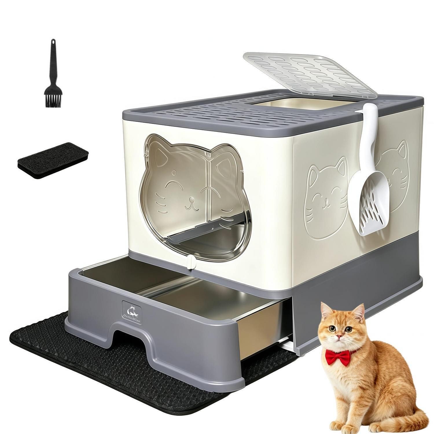 LuxusKollektion Katzentoilette Katzenklo Edelstahl mit Schublade Grau-Weiss