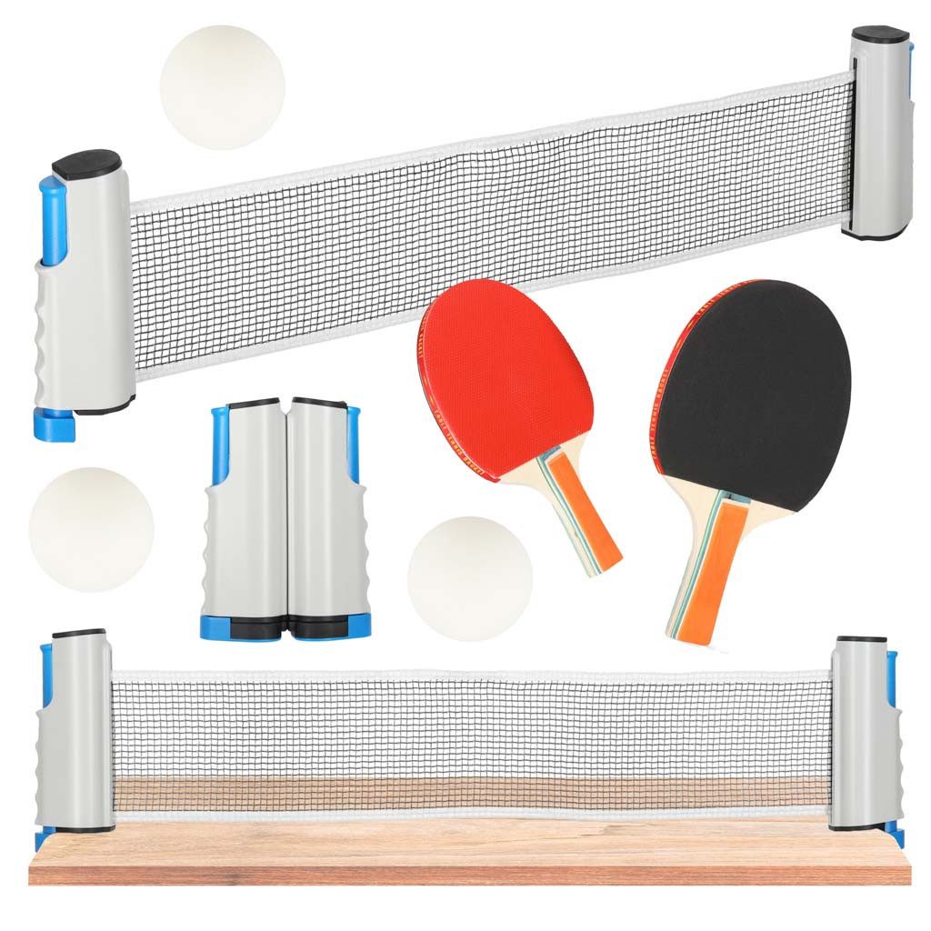 Ikonka Tischtennisnetz Tischtennis Set mit Netz Schlägern Bällen Ping Pong Freizeit (Tischtennis Set Ping Pong mit Netz Schlägern Bällen Freizeit, 6-St., Tischtennis Set 6 teilig mit Netz Schlägern und Bällen Freizeit), Netz schnell montierbar kompakt Fre