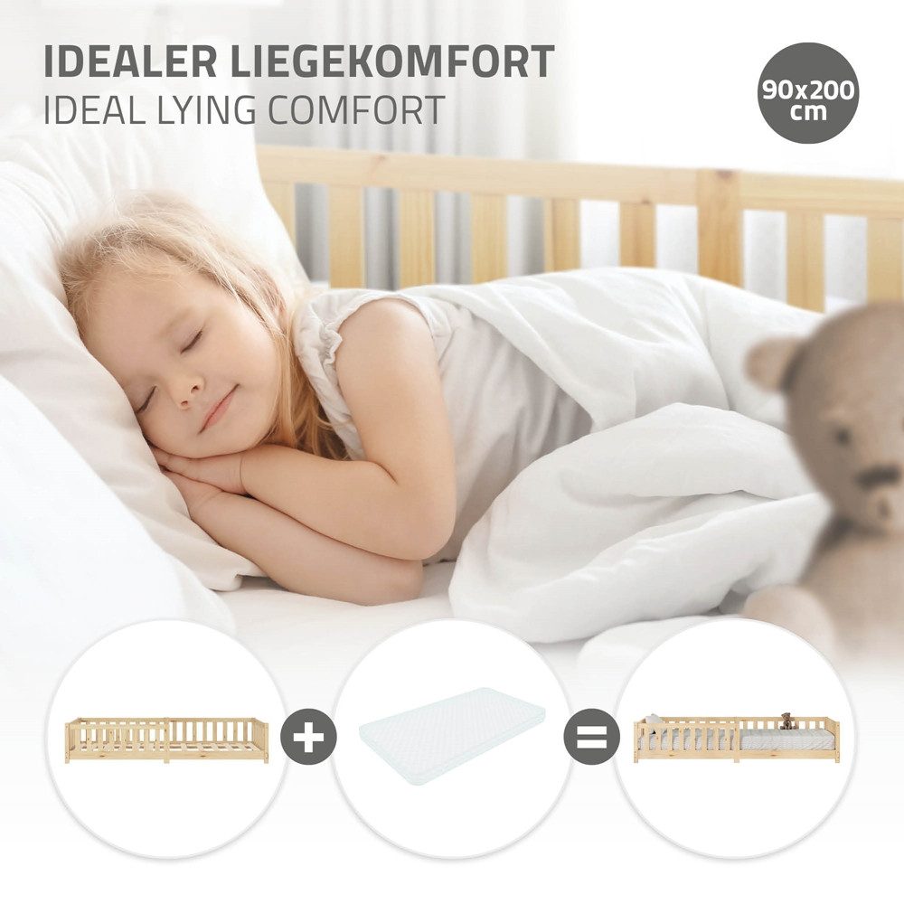 ML-DESIGN Spielbett Bodenbett Holzbett mit Lattenrost & Rausfallschutz Jugendbett Babybett, Abenteuerbett 90x200cm Natur Kinderbett Bettgestell ohne Matratze – Bild 4 von 5