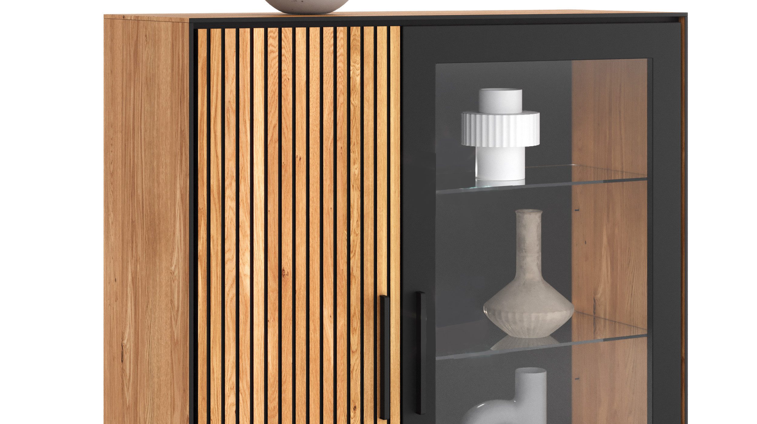 Massivart® Vitrine BELLA Vitrinenschrank mit Glastür / Massivholz Eiche geölt 1 Tür / 2 Glas- und 2 Einlegeböden / Soft-Close / Metallgriffe